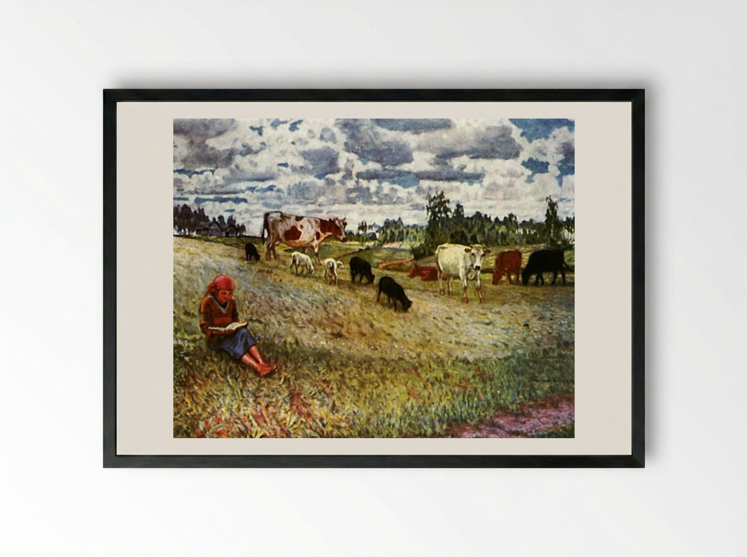 Shepherd Girl - Nikolay Bogdanov-Belsky - Framed Print Black