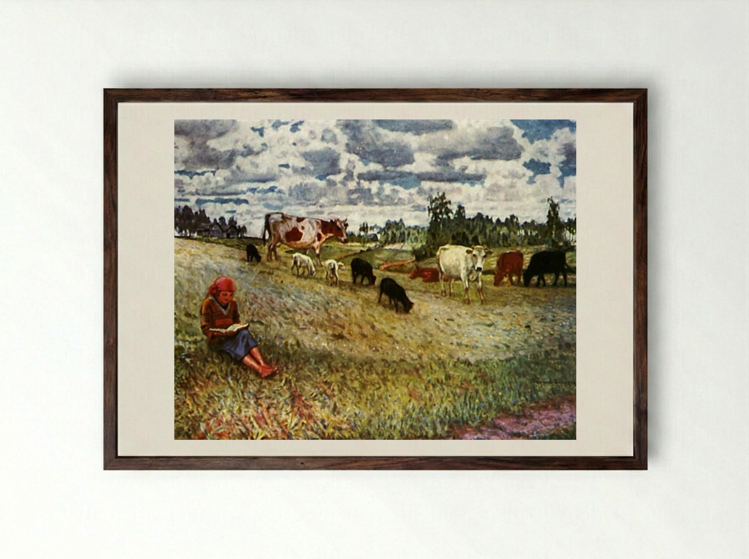 Shepherd Girl - Nikolay Bogdanov-Belsky - Framed Print Dark Wood