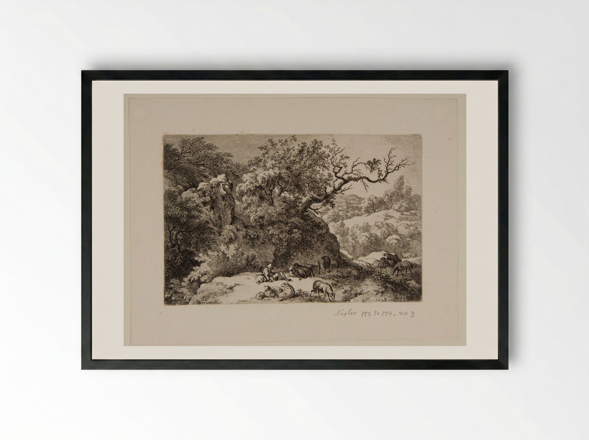 Shepherd Watching a Flock of Sheep - Ferdinand Kobell - Framed Print Black