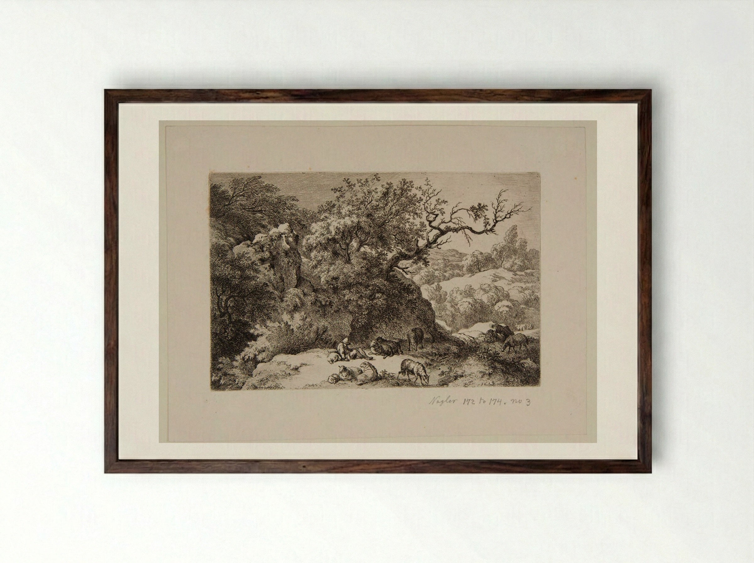 Shepherd Watching a Flock of Sheep - Ferdinand Kobell - Framed Print Dark Wood
