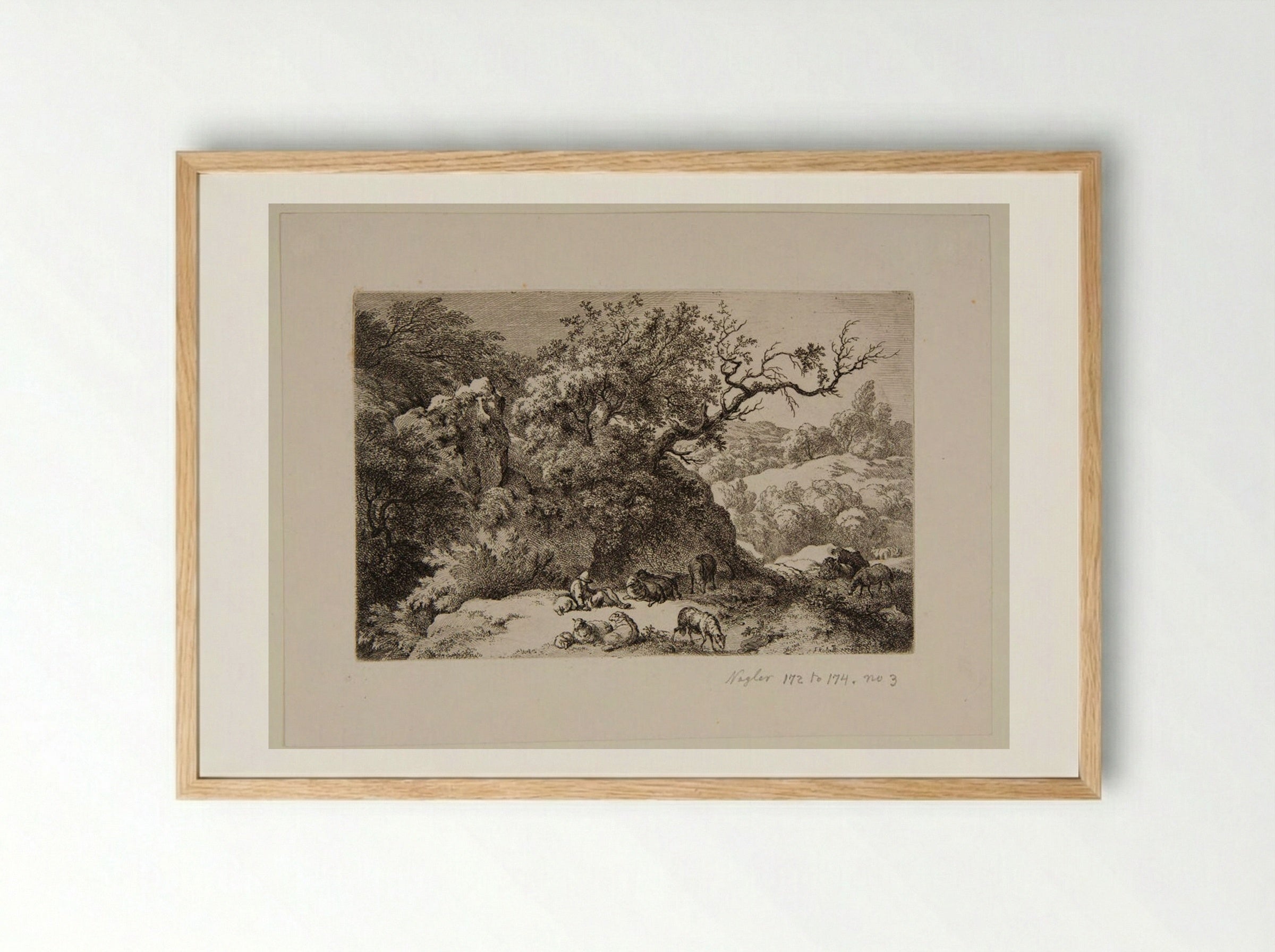 Shepherd Watching a Flock of Sheep - Ferdinand Kobell - Framed Print Wood