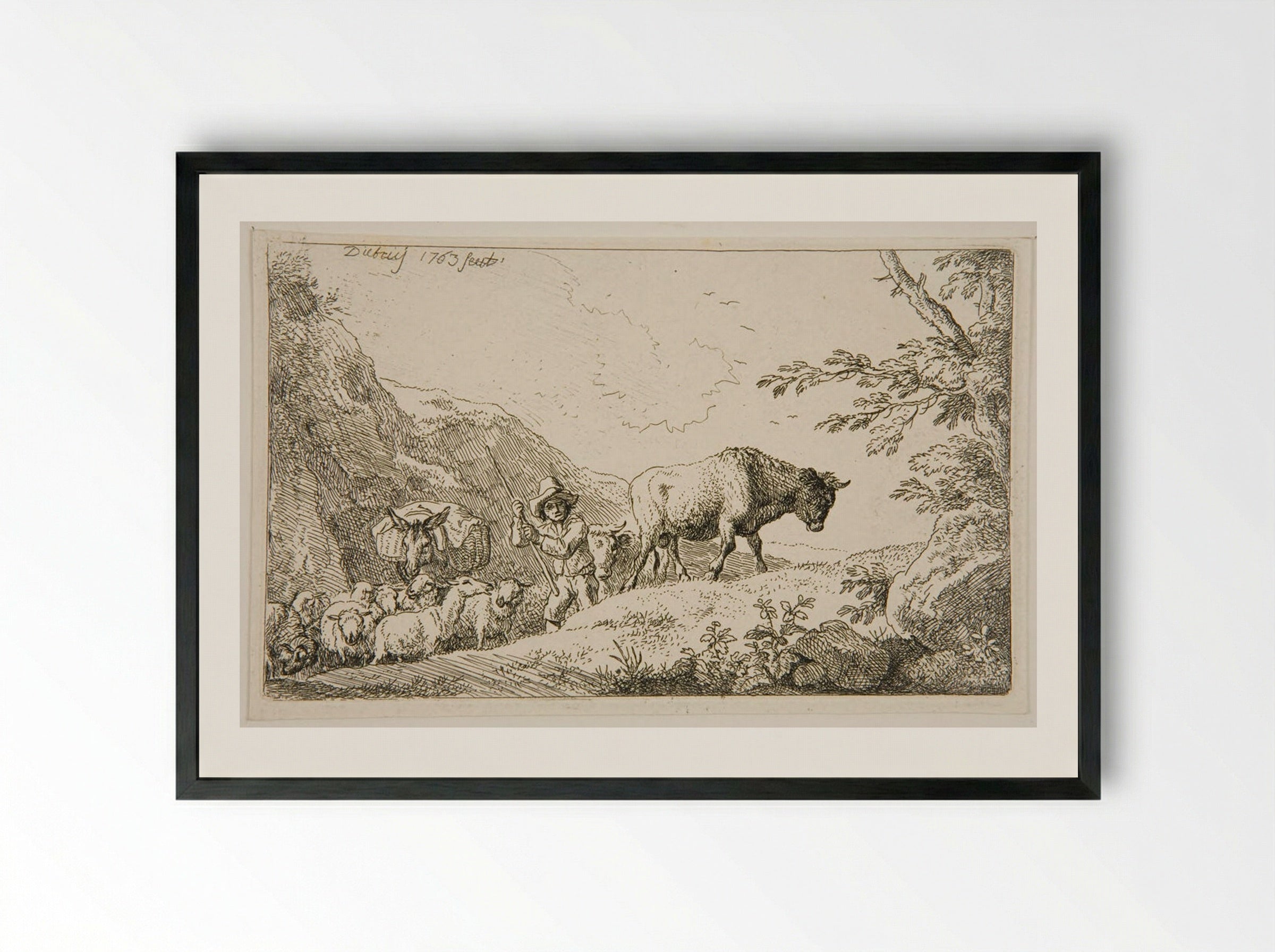 Shepherd and Flock Climbing a Mountain - Christian Wilhelm Ernst Dietrich - Framed Print Black