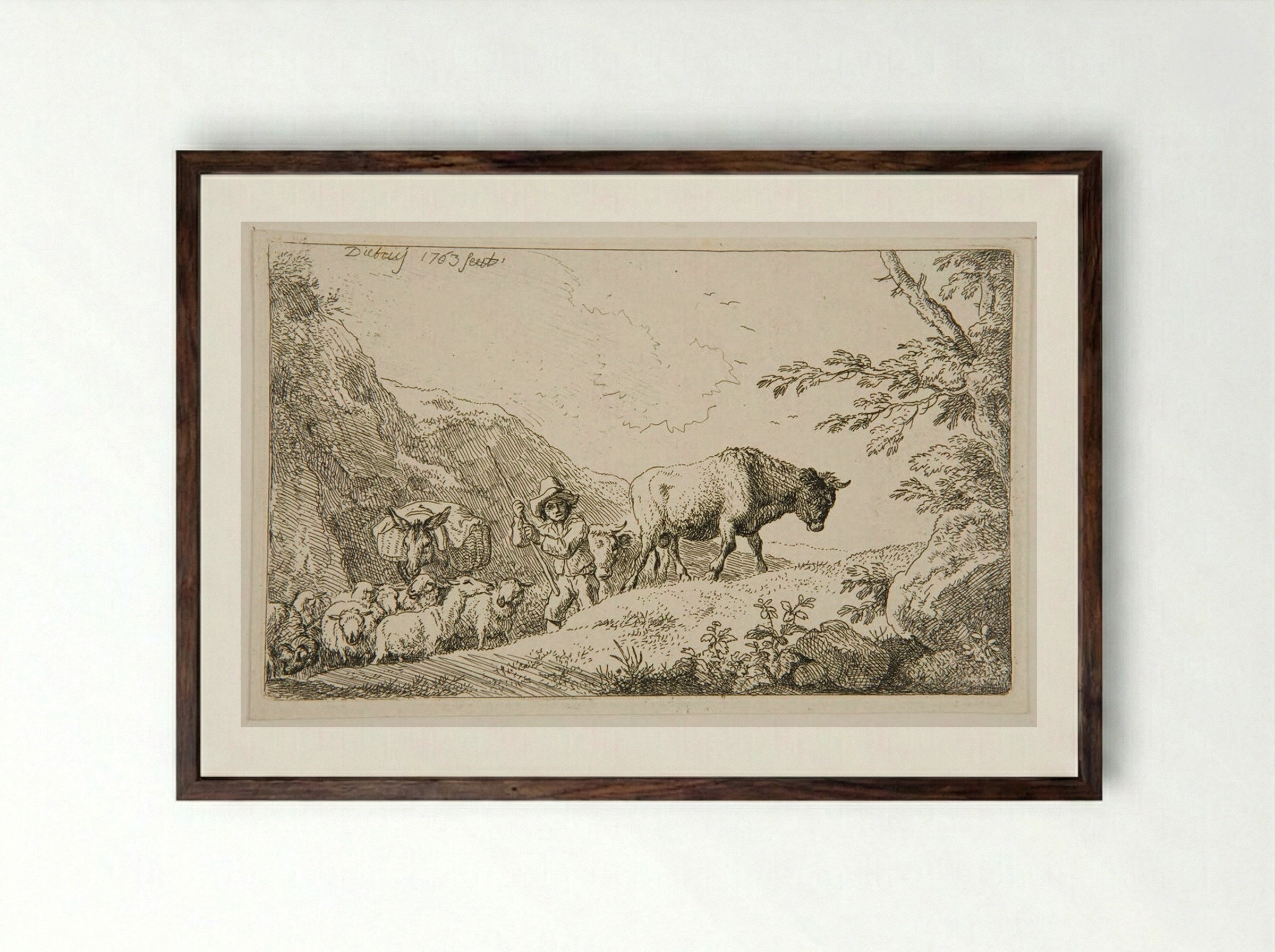 Shepherd and Flock Climbing a Mountain - Christian Wilhelm Ernst Dietrich - Framed Print Dark Wood