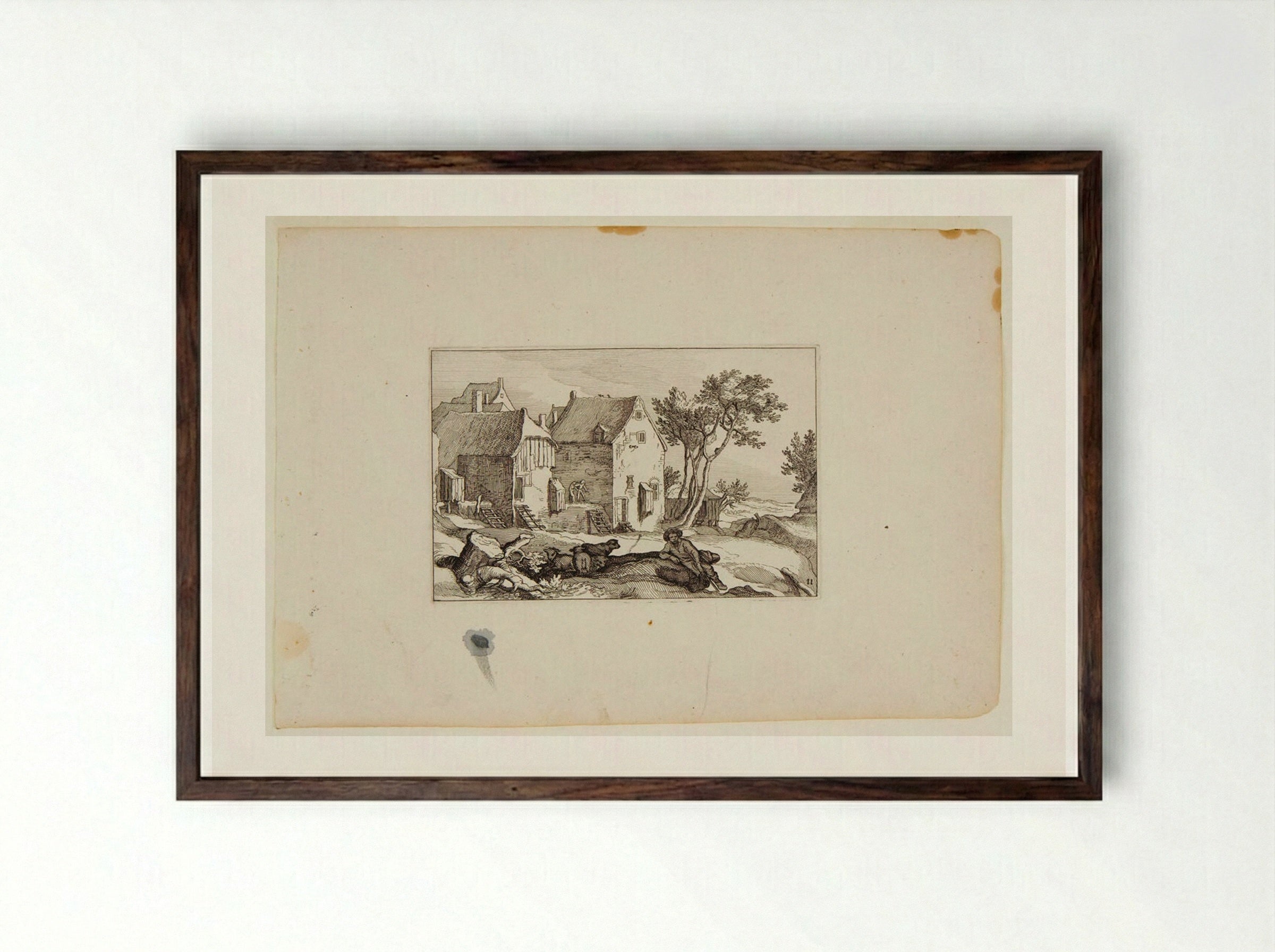 Shepherd and His Flock with Farm Buildings - Claes Jansz. Visscher - Framed Print Dark Wood