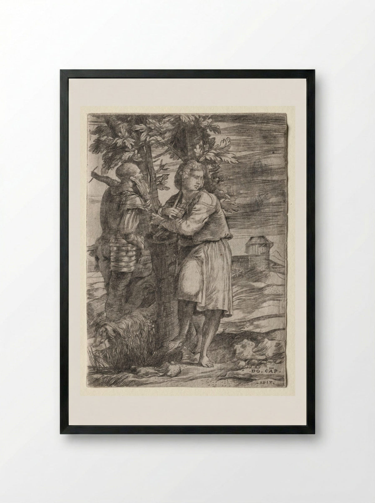Shepherd and Old Warrior - Domenico Campagnola - Framed Print Black