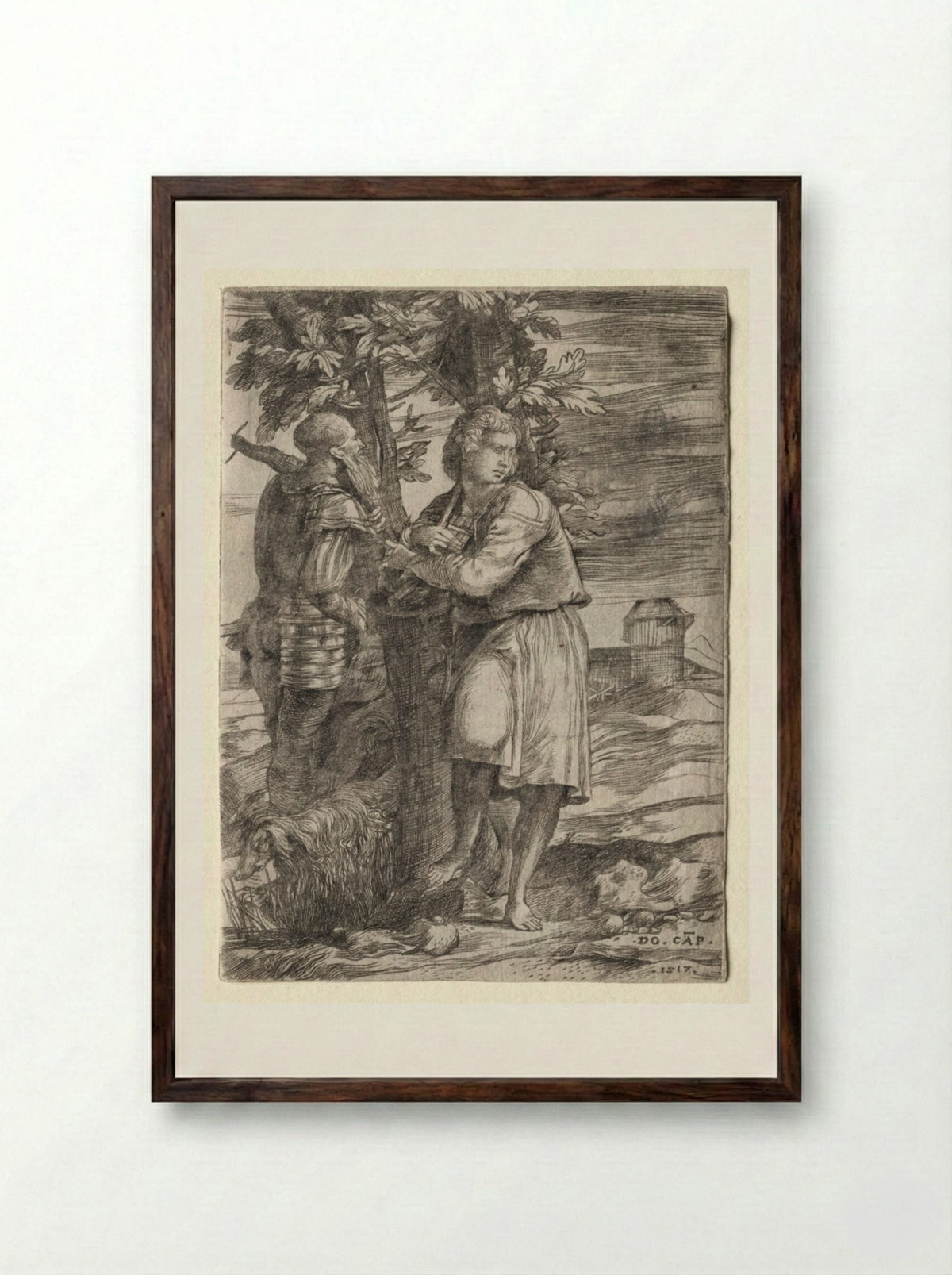 Shepherd and Old Warrior - Domenico Campagnola - Framed Print Dark Wood