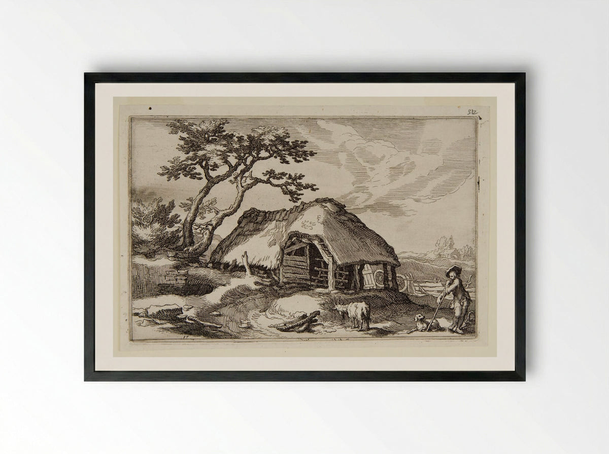 Shepherd and a Dog near a Farmhouse - Boetius Adamsz. Bolswert - Framed Print Black