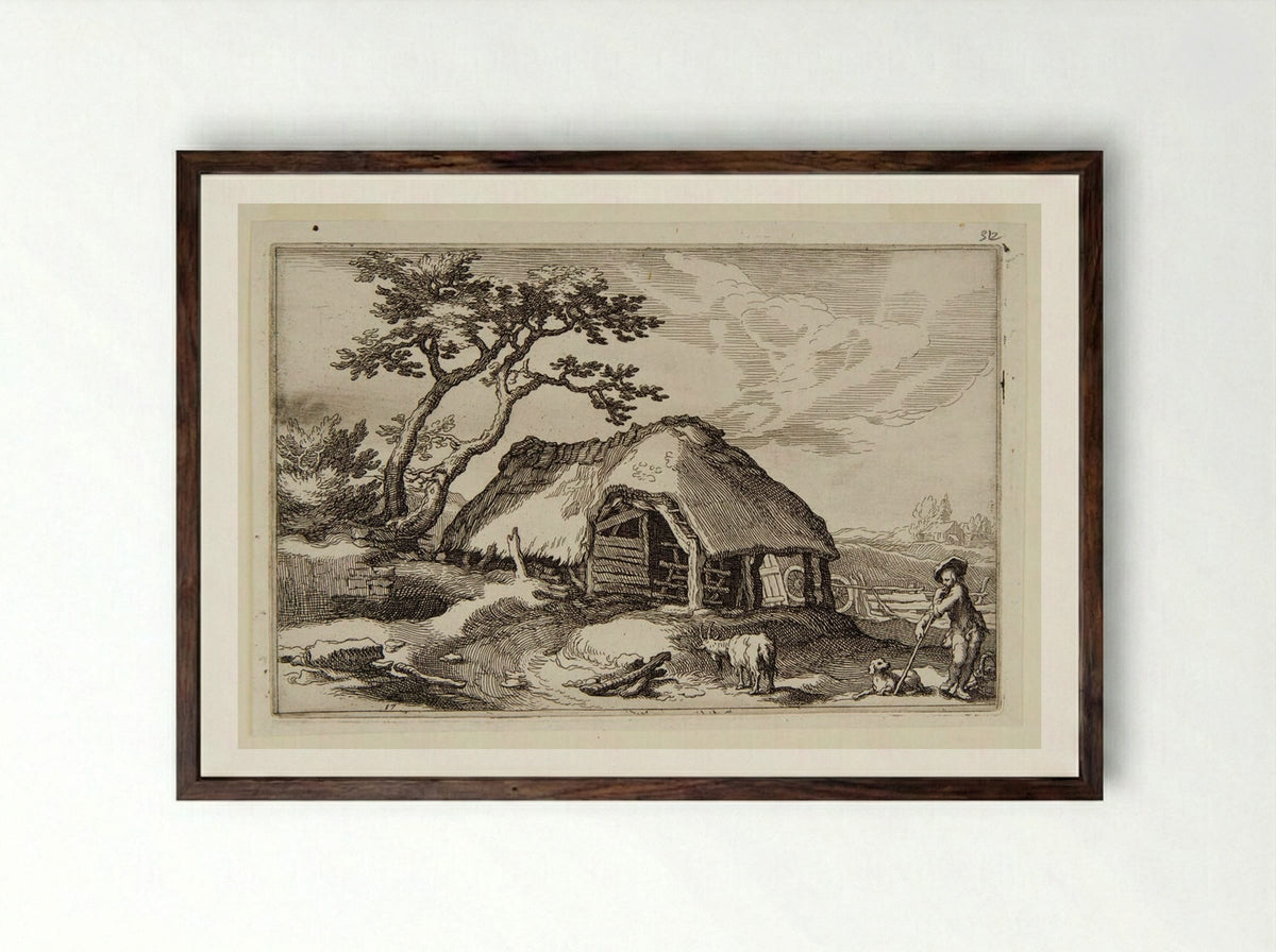 Shepherd and a Dog near a Farmhouse - Boetius Adamsz. Bolswert - Framed Print Dark Wood