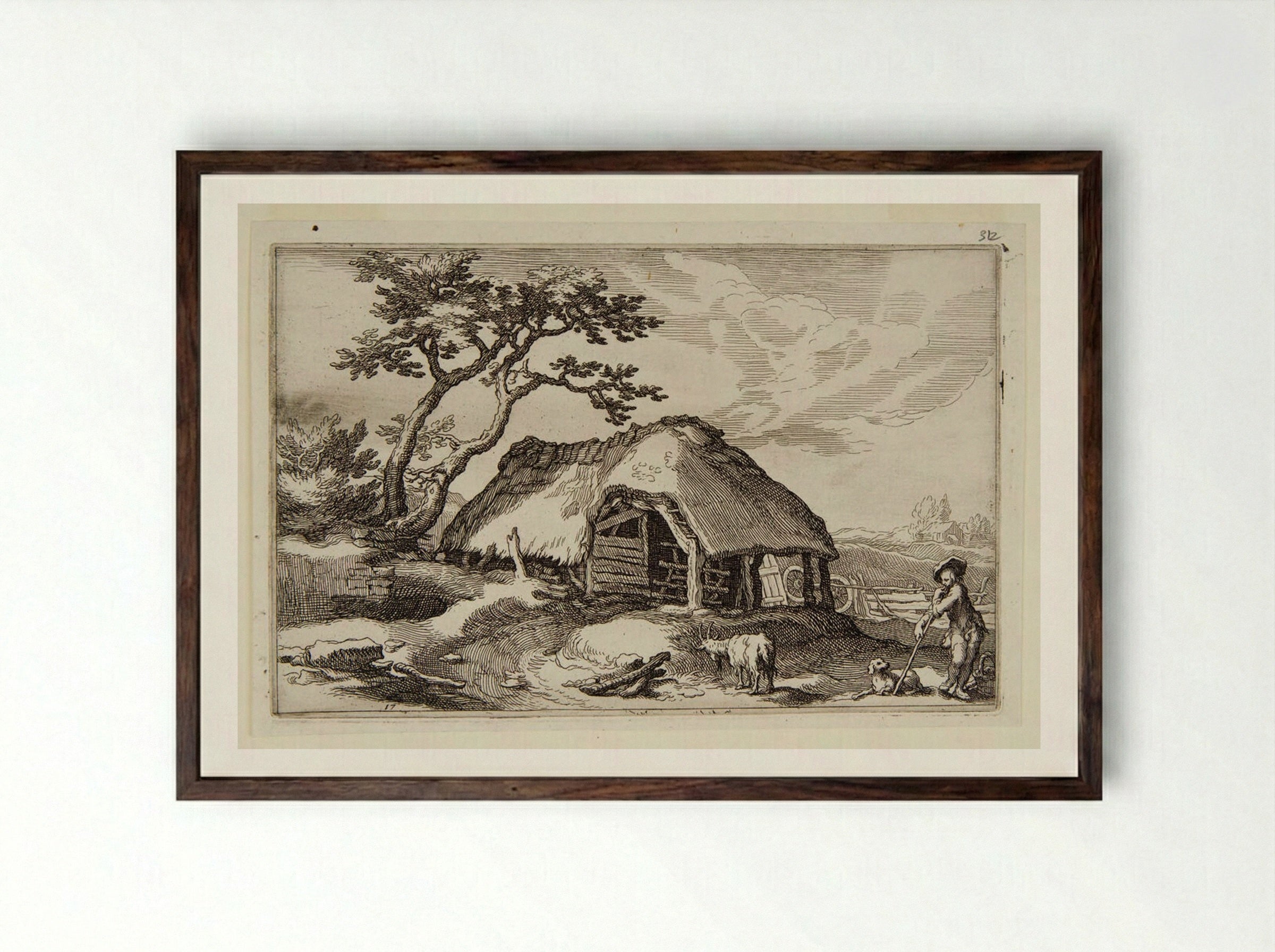 Shepherd and a Dog near a Farmhouse - Boetius Adamsz. Bolswert - Framed Print Dark Wood