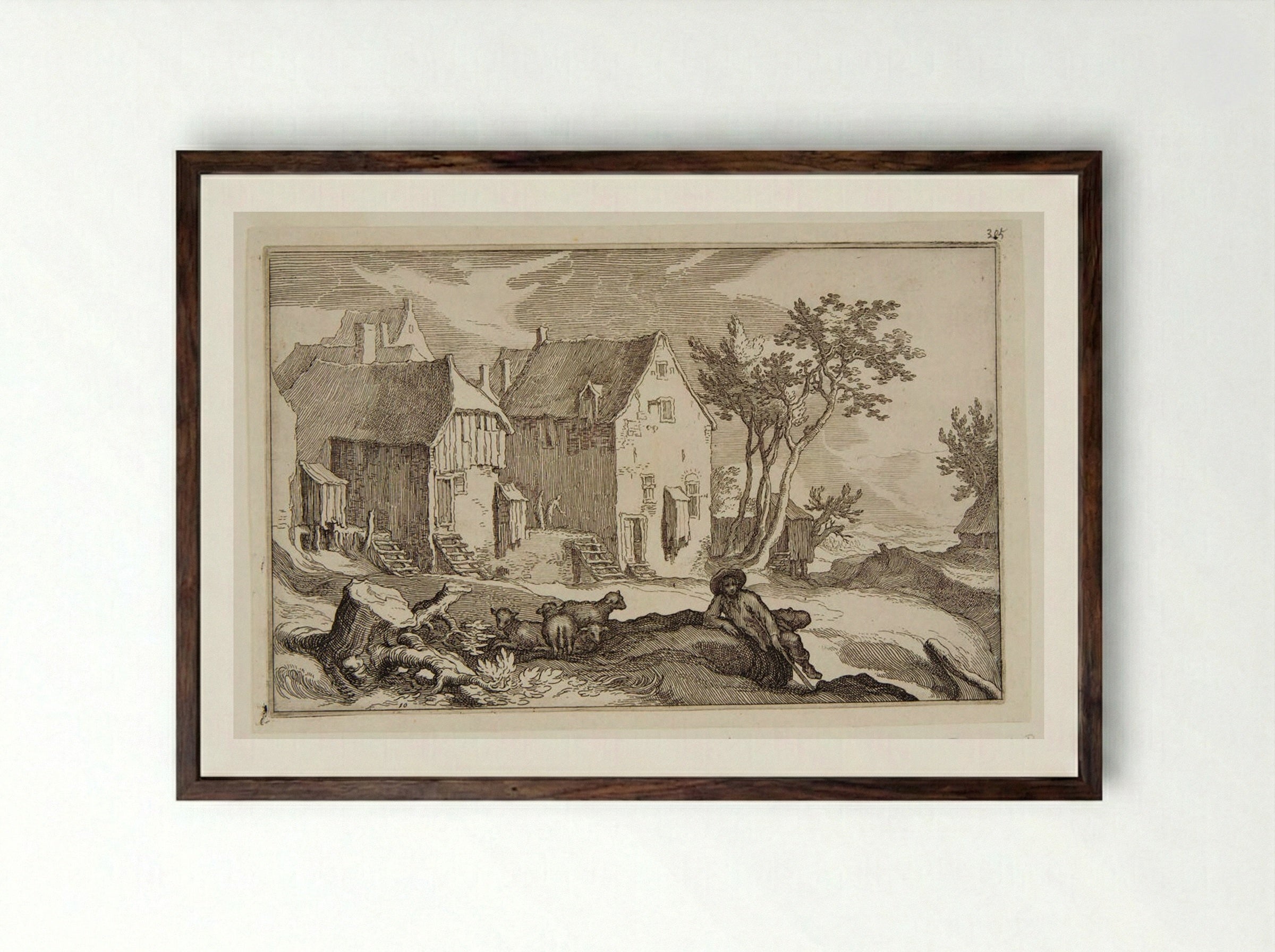 Shepherd before a Town - Boetius Adamsz. Bolswert - Framed Print Dark Wood