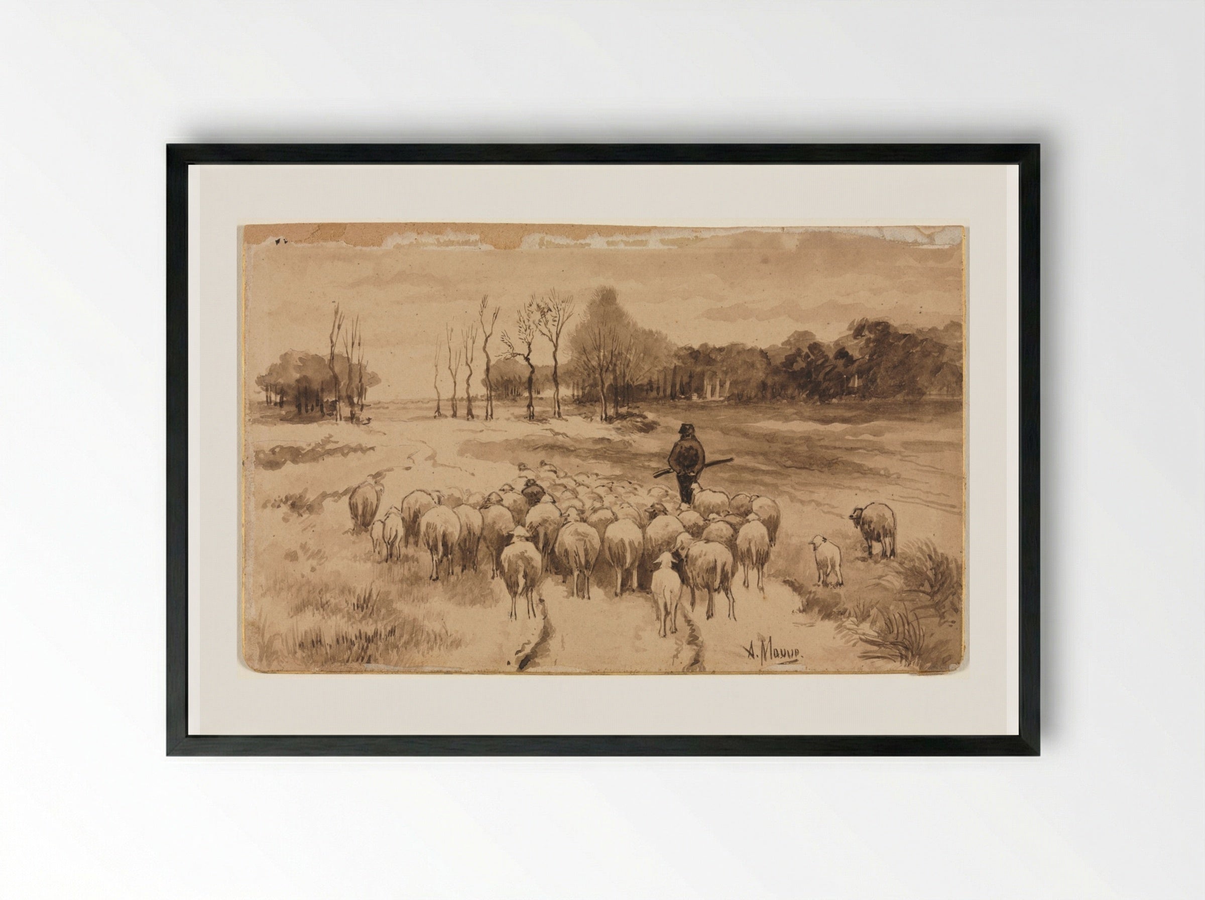 Shepherd with His Flock - Anton Mauve - Framed Print Black