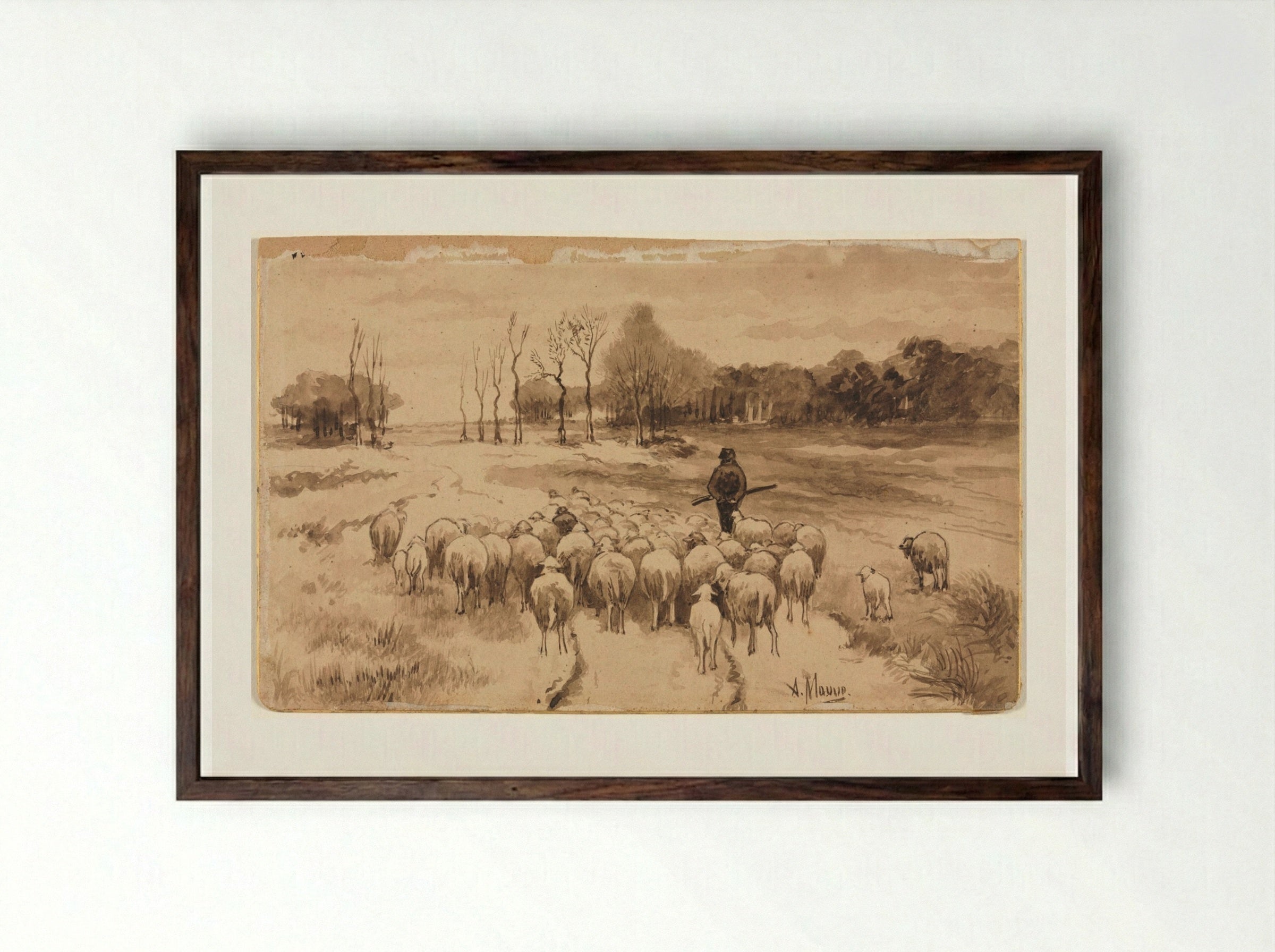 Shepherd with His Flock - Anton Mauve - Framed Print Dark Wood
