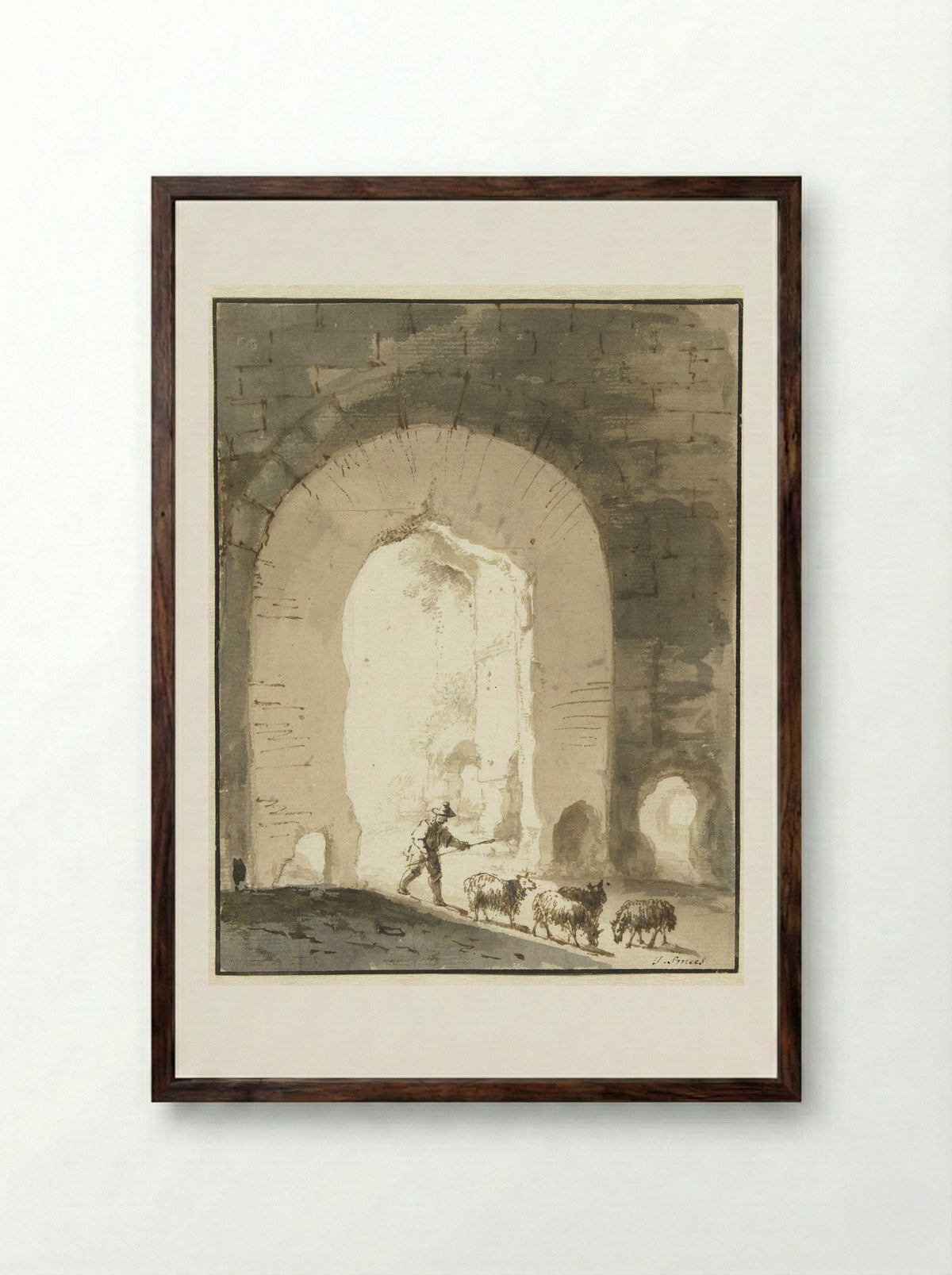 Shepherd with Sheep near a Ruin - Jan Smees - Framed Print Dark Wood