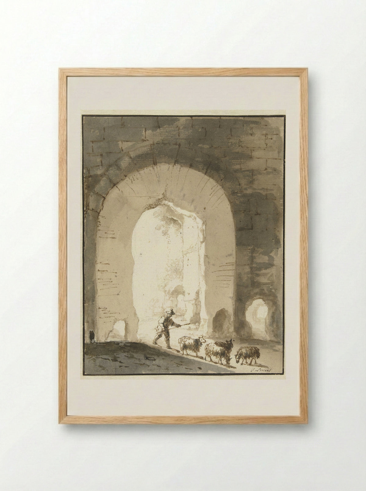 Shepherd with Sheep near a Ruin - Jan Smees - Framed Print Wood
