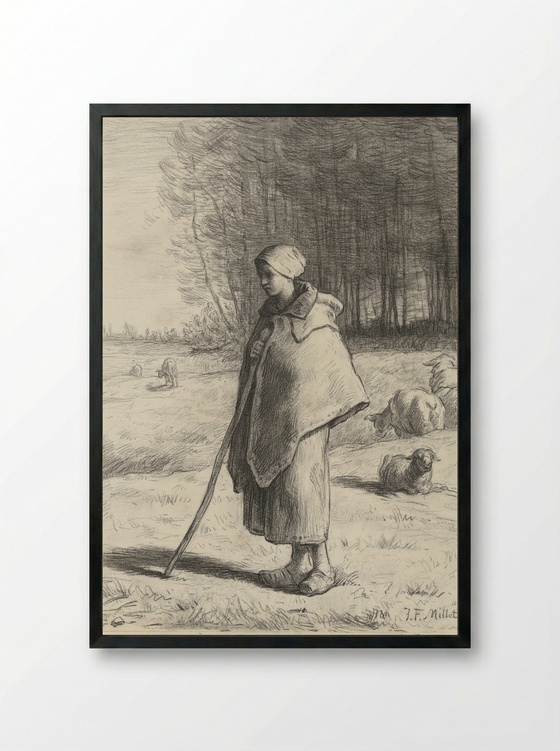 Shepherdess Leaning on Her Staff - Jean-François Millet - Framed Print Black