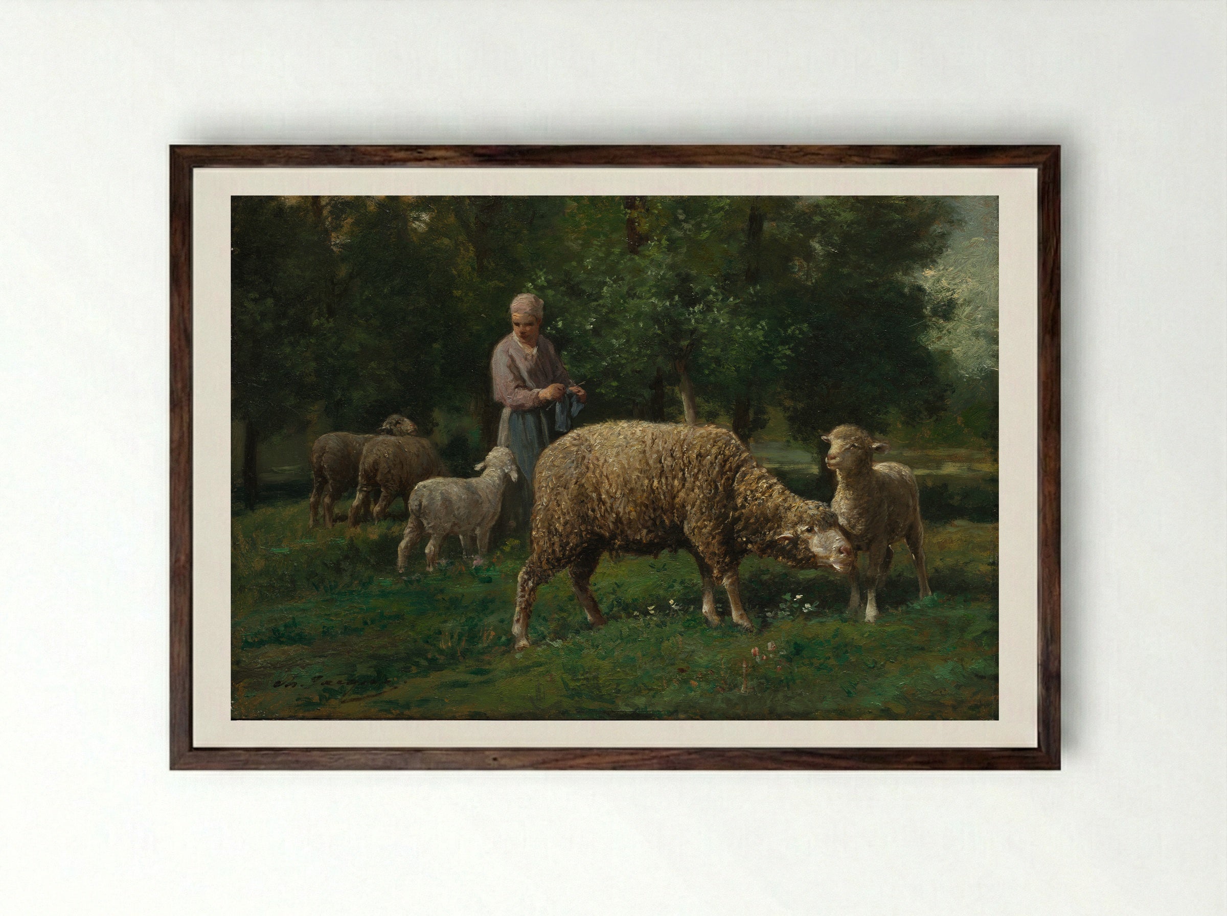 Shepherdess and Sheep - Charles-Émile Jacque - Framed Print Dark Wood
