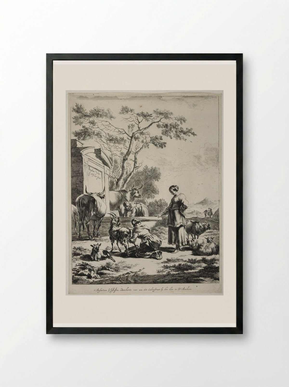 Shepherdess at a Spring - Johannes Visscher - Framed Print Black