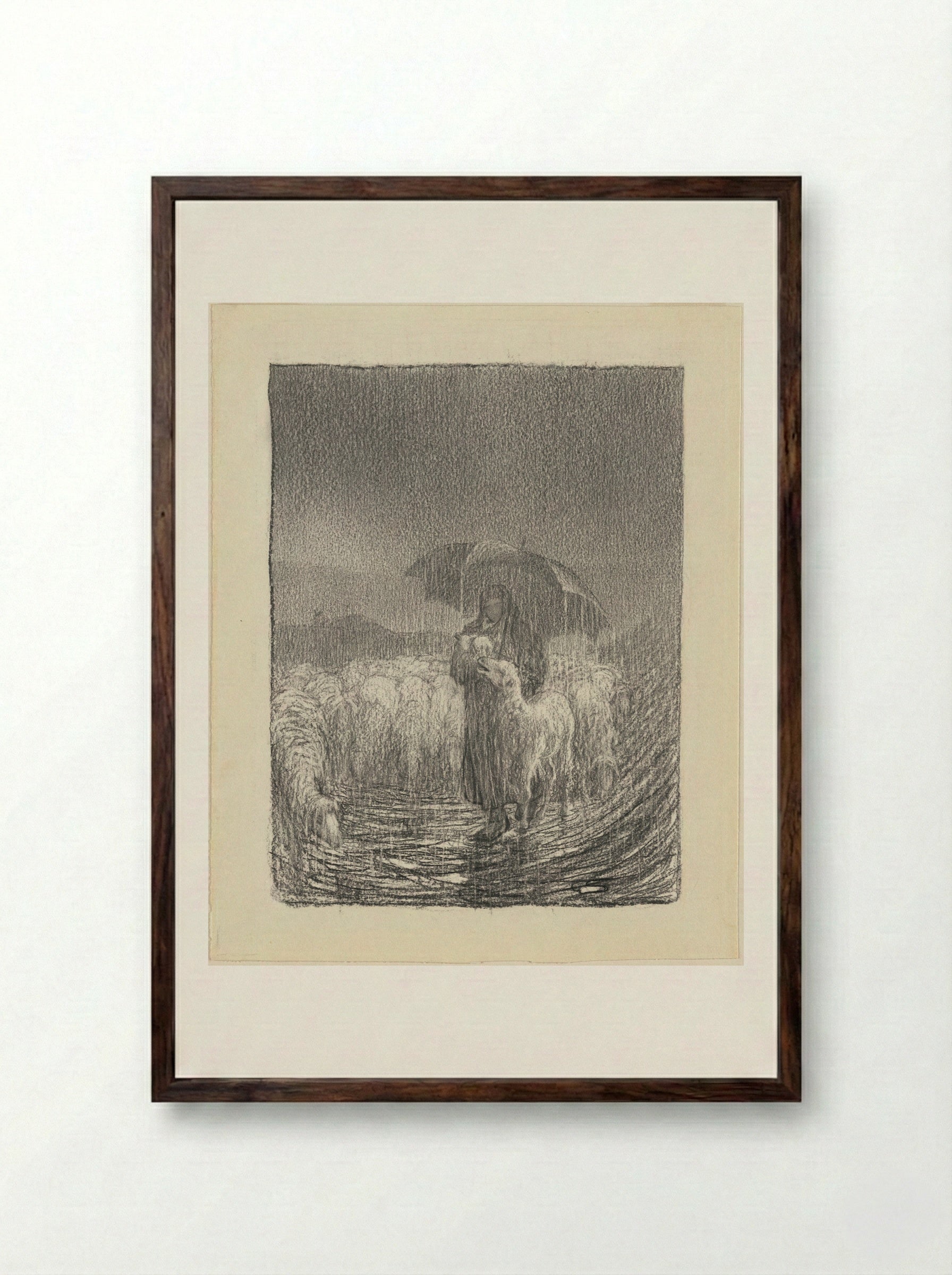 Shepherdess in the Rain - Giovanni Segantini - Framed Print Dark Wood