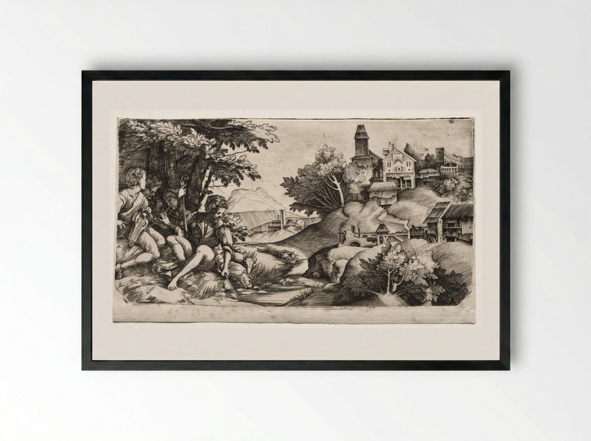 Shepherds in a Landscape - Giulio Campagnola - Framed Print Black