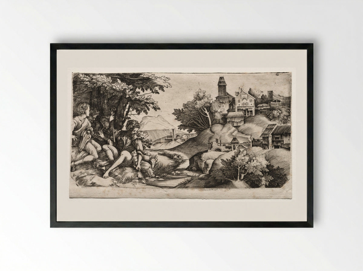 Shepherds in a Landscape - Giulio Campagnola - Framed Print Black