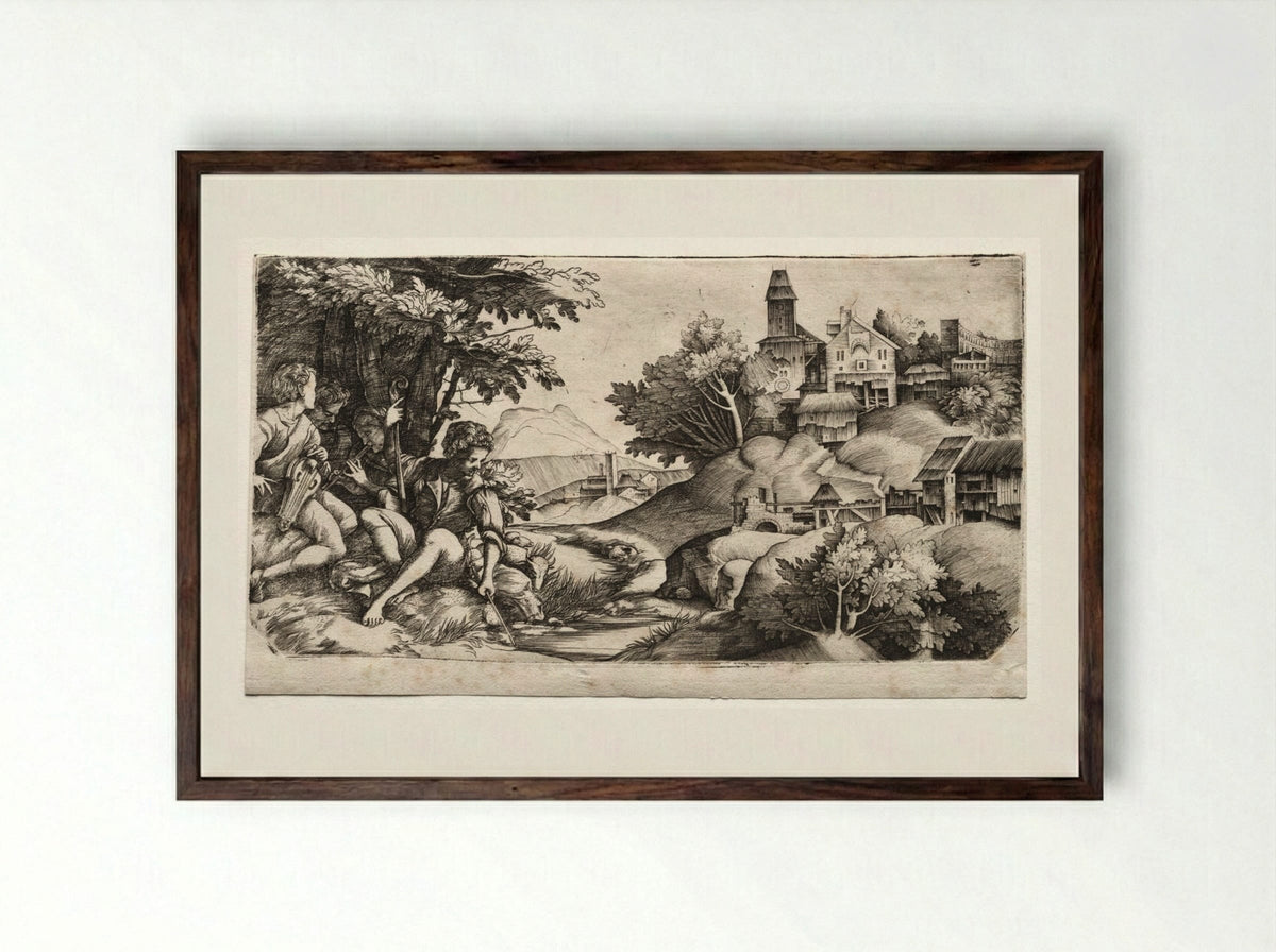 Shepherds in a Landscape - Giulio Campagnola - Framed Print Dark Wood