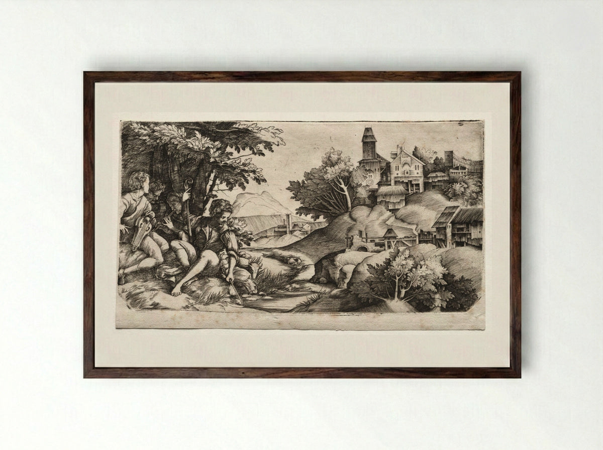 Shepherds in a Landscape - Giulio Campagnola - Framed Print Dark Wood