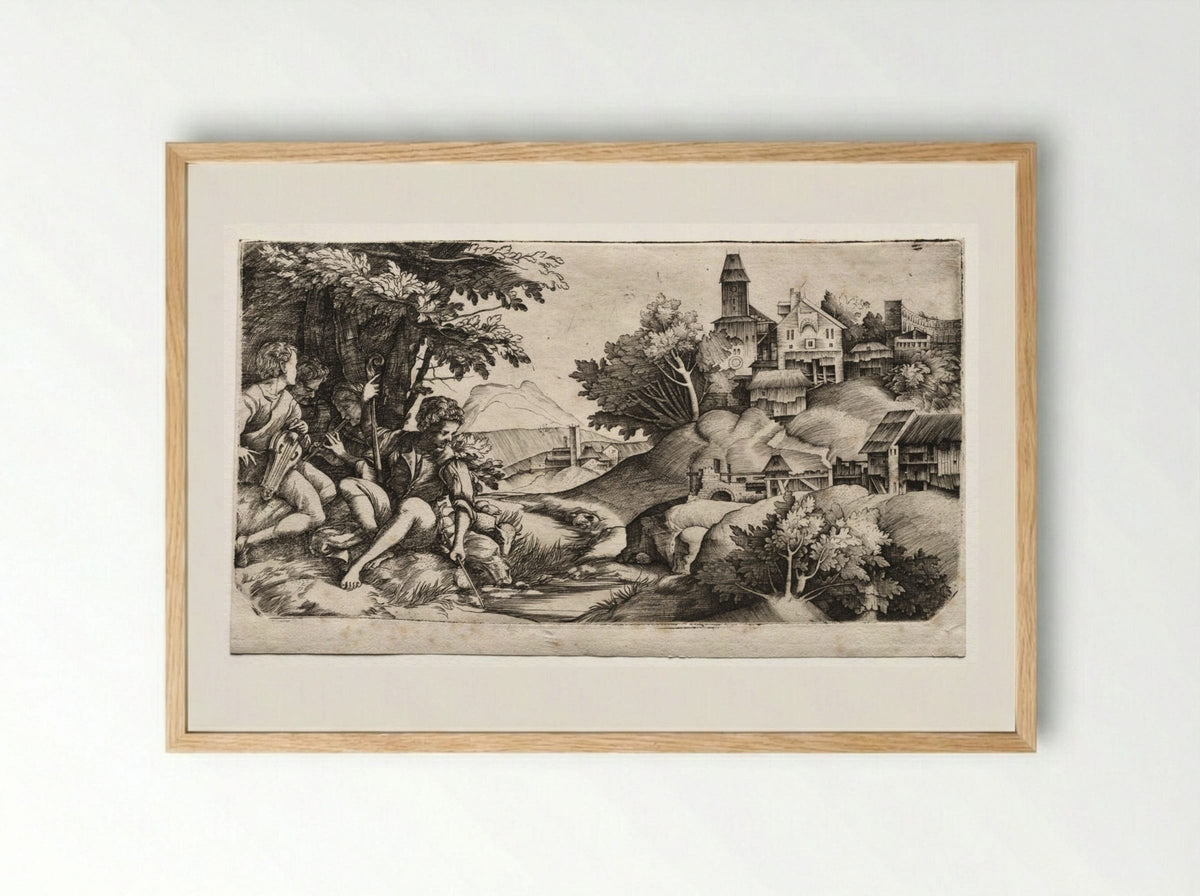 Shepherds in a Landscape - Giulio Campagnola - Framed Print Wood