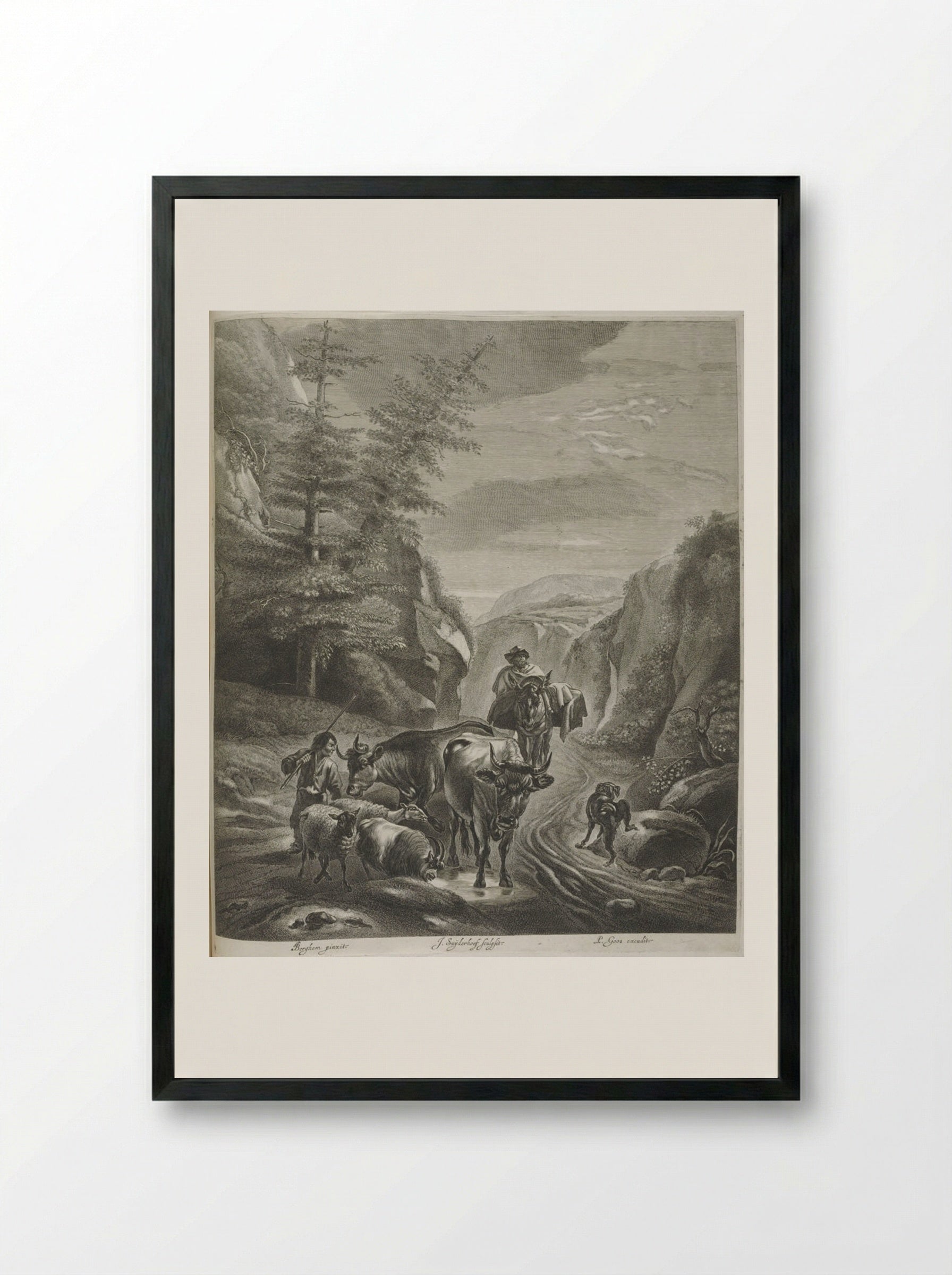 Shepherds with Cows and Sheep on Path in Mountains - Jonas Suyderhoef - Framed Print Black