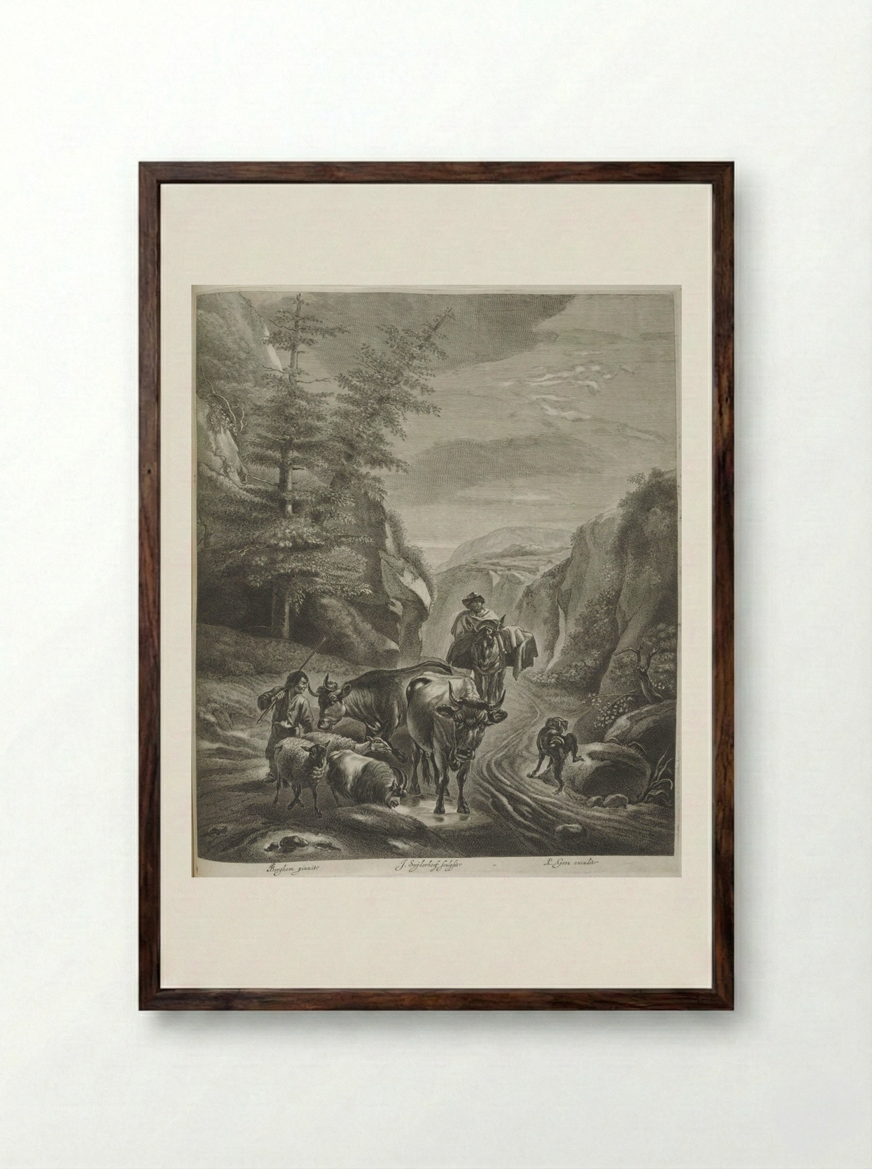 Shepherds with Cows and Sheep on Path in Mountains - Jonas Suyderhoef - Framed Print Dark Wood