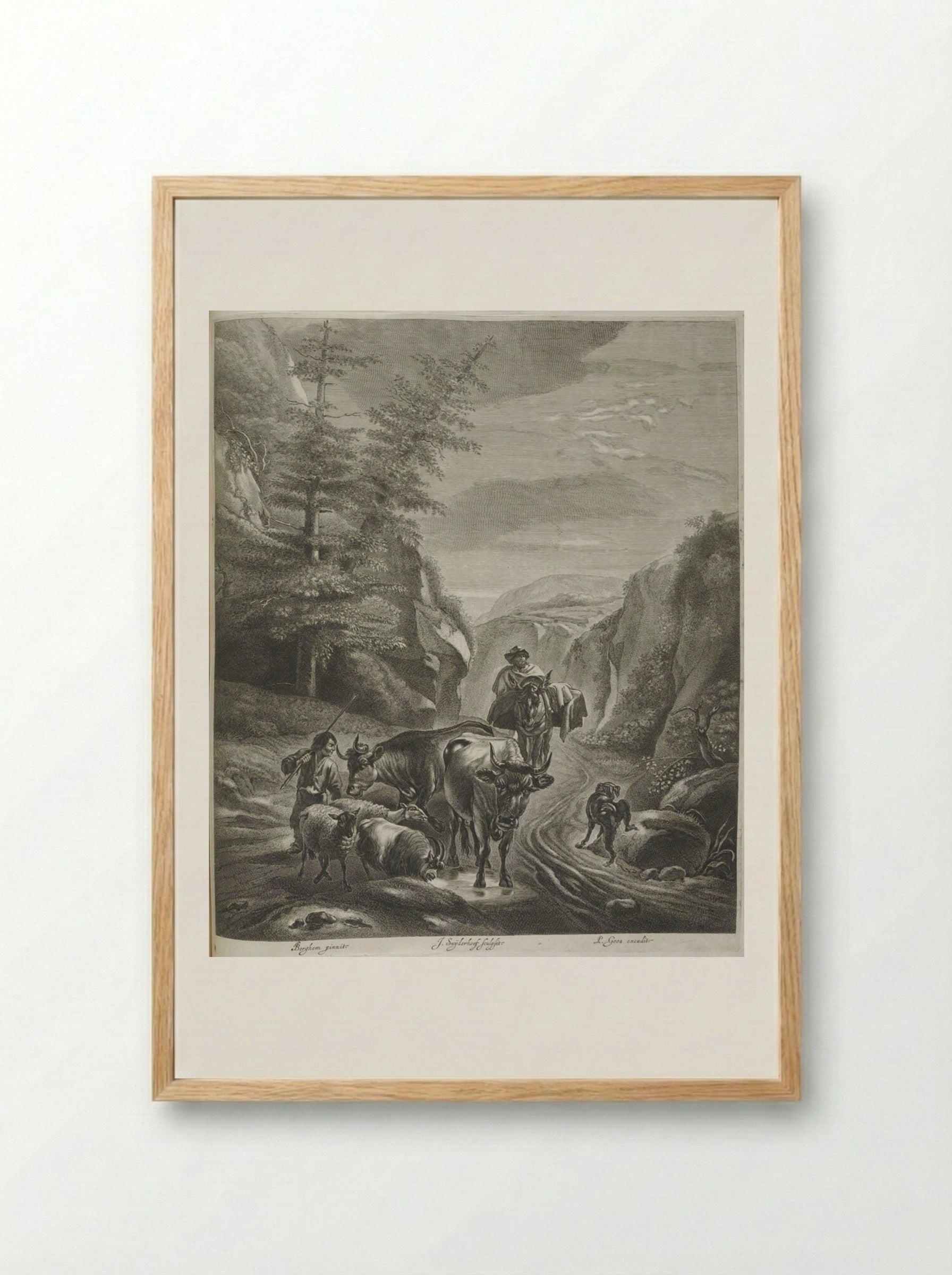 Shepherds with Cows and Sheep on Path in Mountains - Jonas Suyderhoef - Framed Print Wood