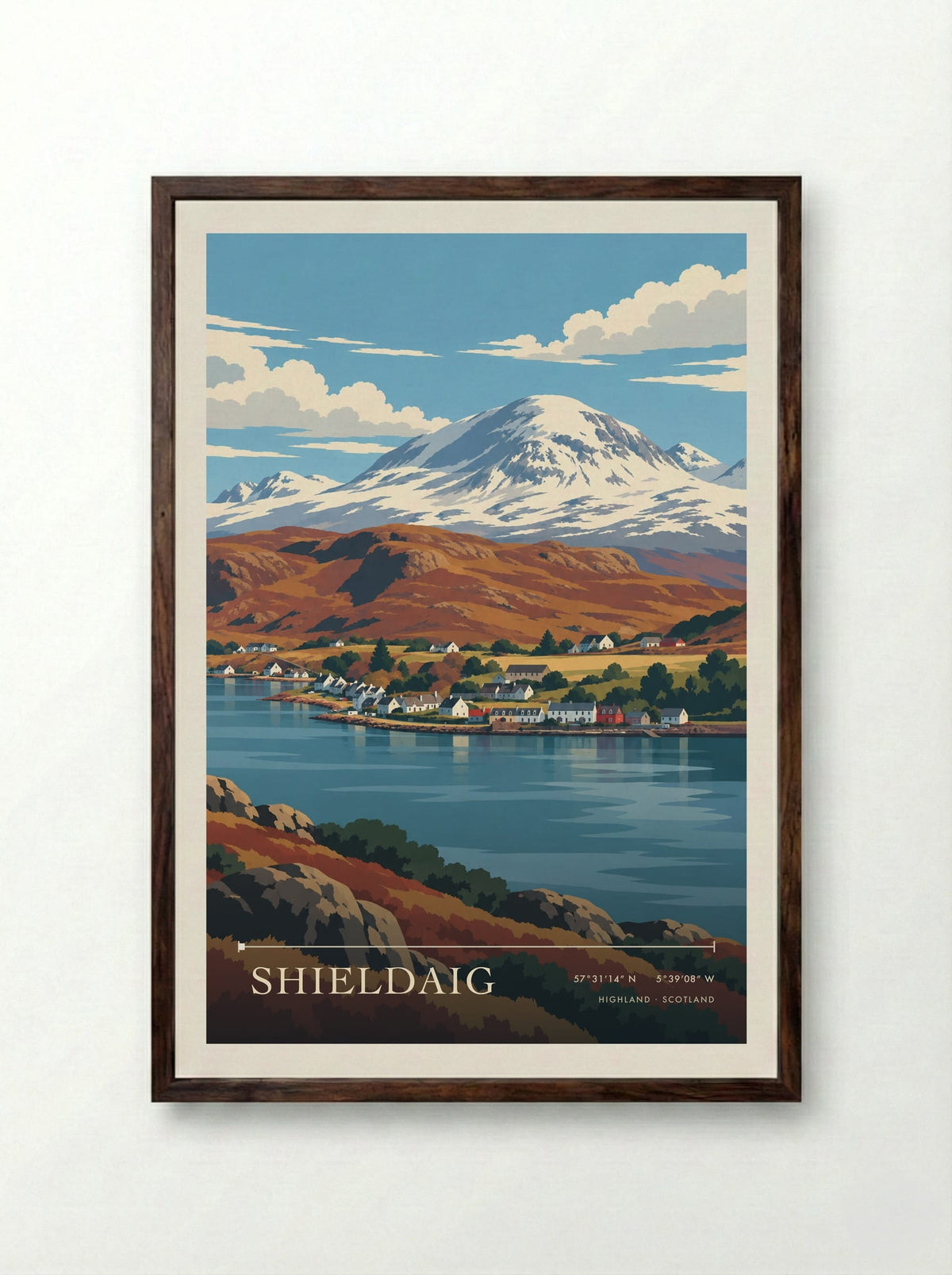 Shieldaig, Highland | Travel Poster - Framed Print Dark Wood