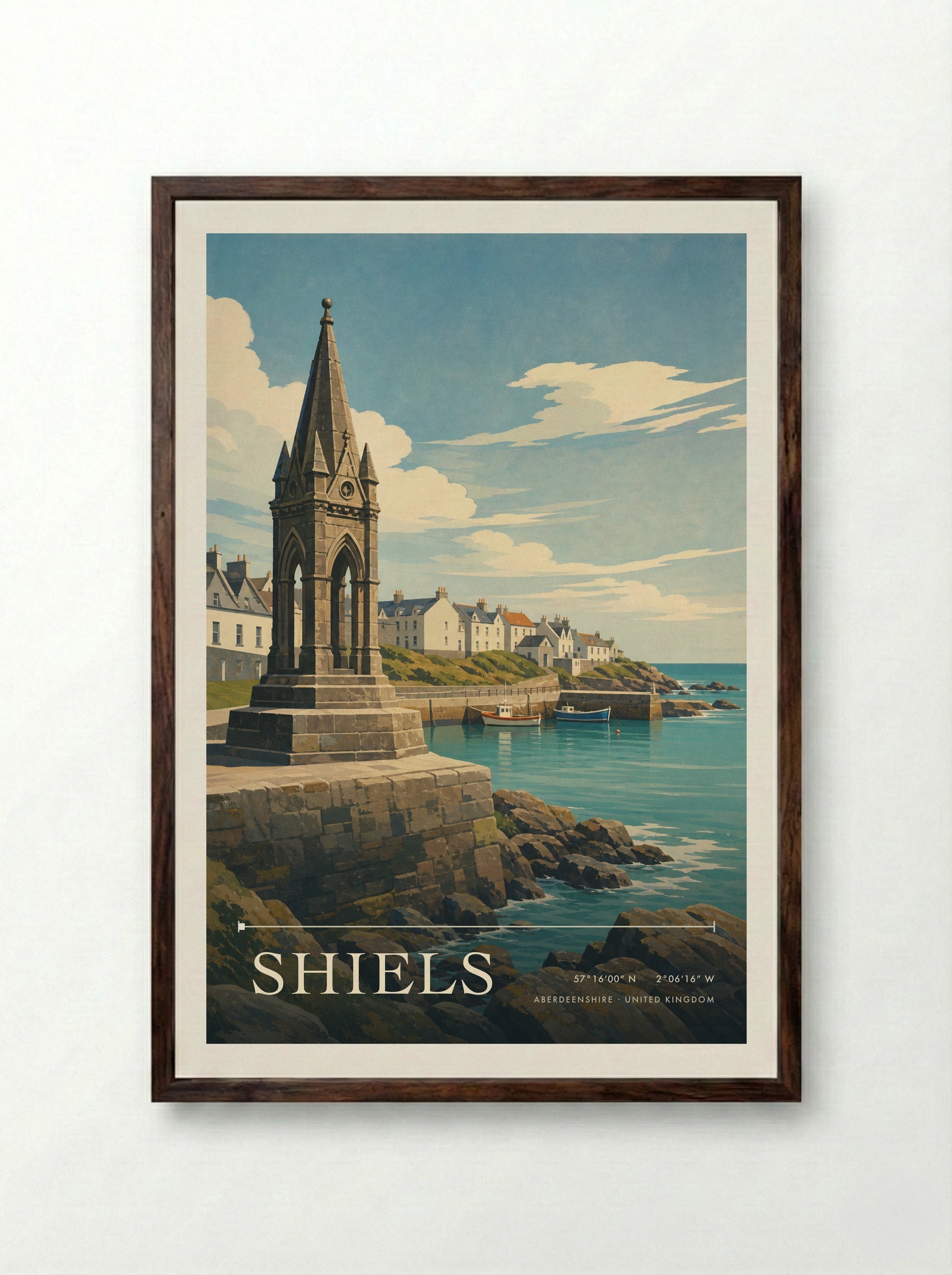 Shiels Aberdeenshire United Kingdom Travel Poster - Framed Print Dark Wood