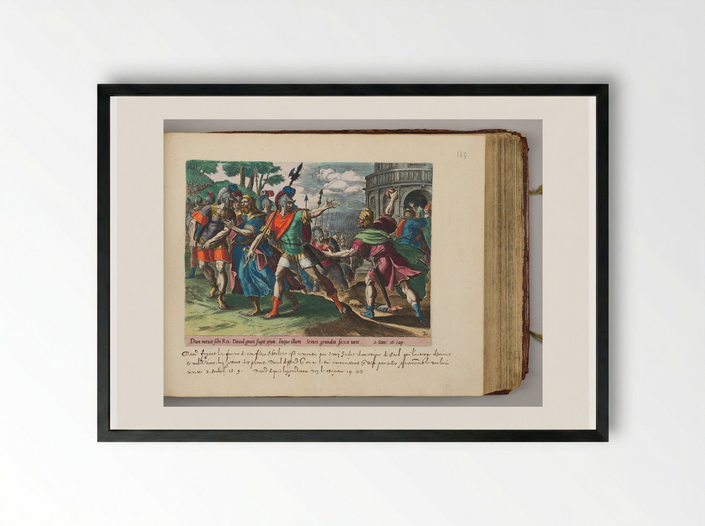 Shimei Casting Stones at David and His Servants - Johannes Wierix - Framed Print Black