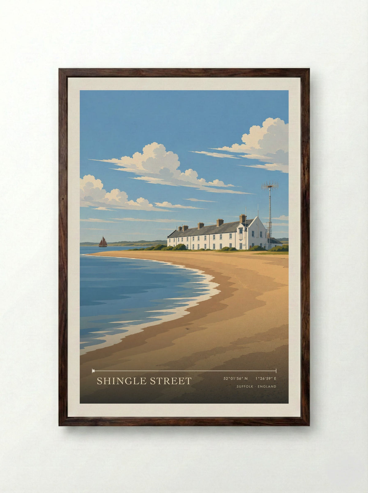 Shingle Street, Suffolk | Travel Poster - Framed Print Dark Wood
