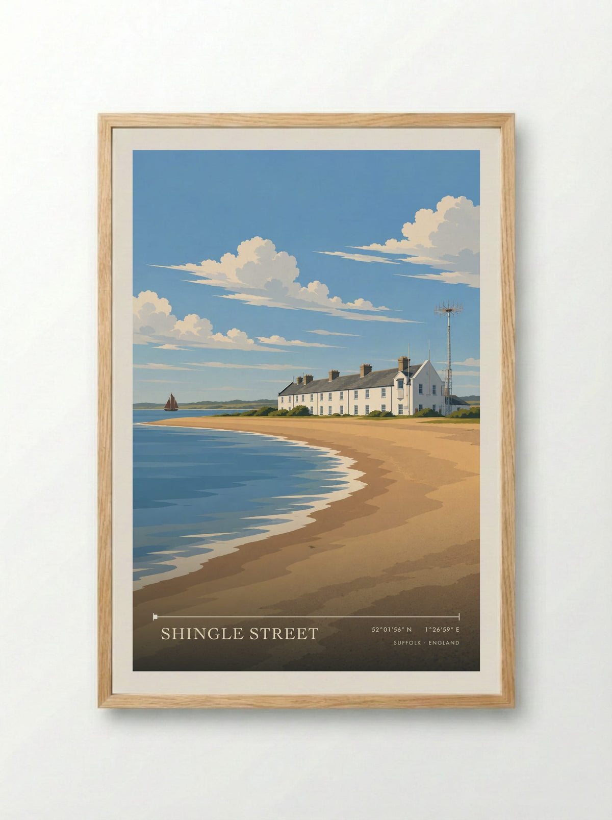 Shingle Street, Suffolk | Travel Poster - Framed Print Wood