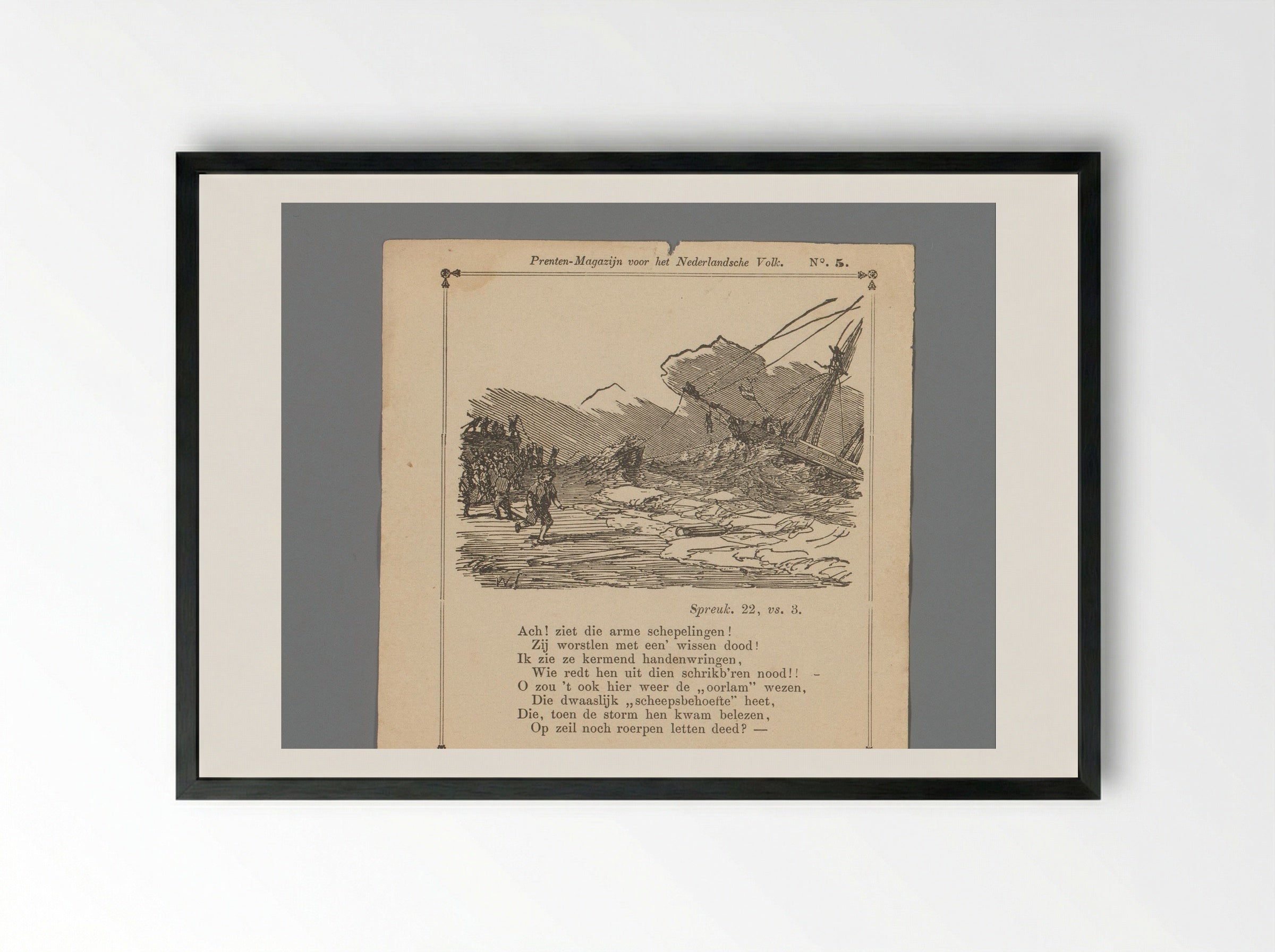 Ship in a Storm with Men Holding Ropes on the Shore - Isaac Weissenbruch - Framed Print Black