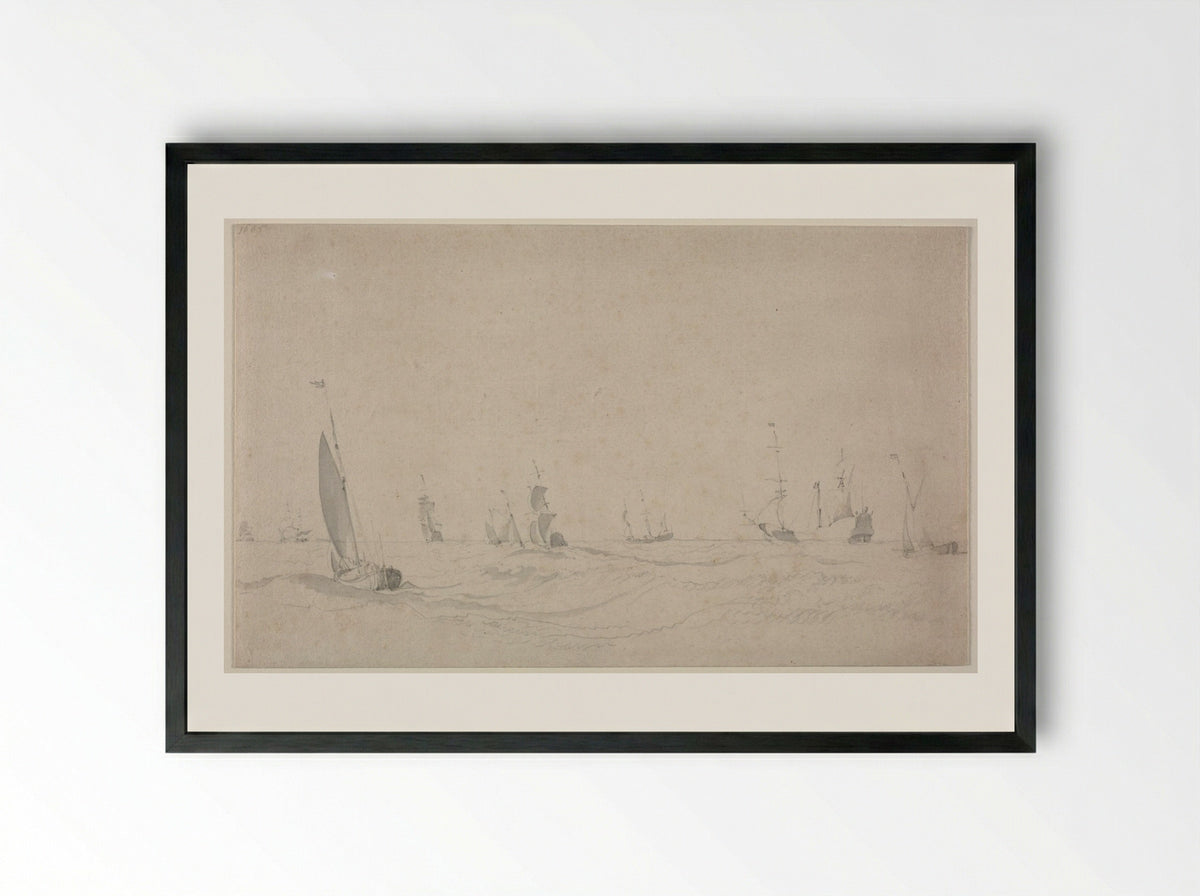 Shipping on a Rough Sea - Willem van de Velde the Elder - Framed Print Black
