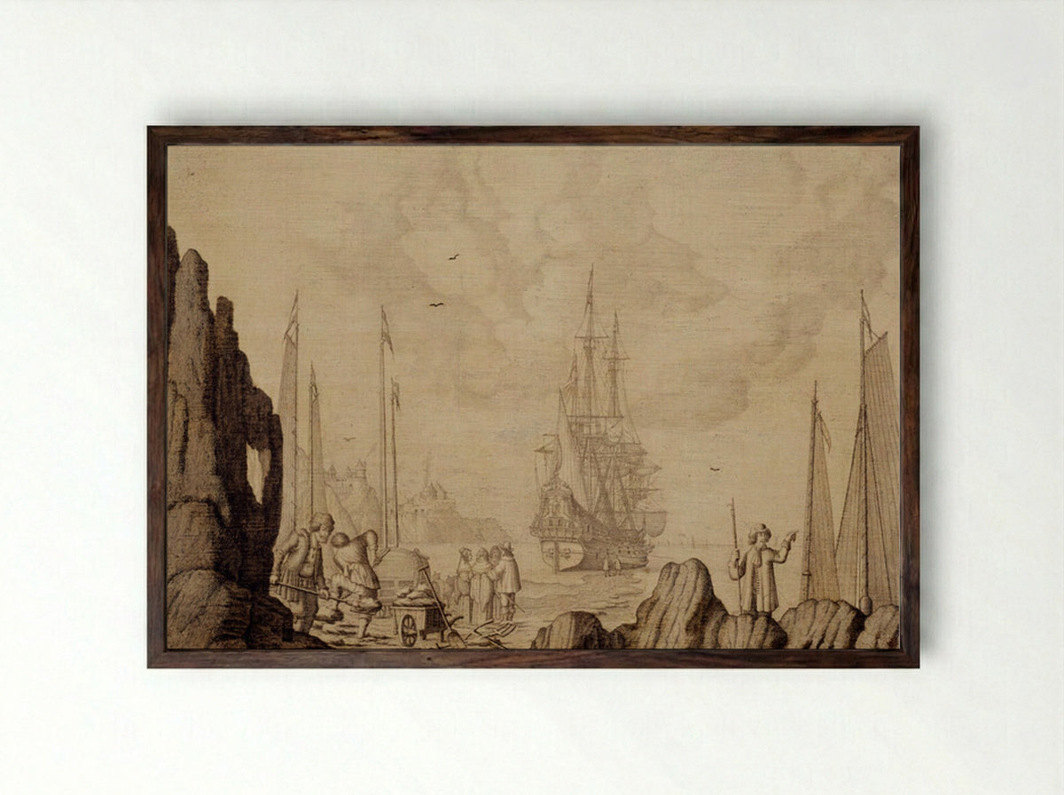 Ships at a Harbour - Experiens Sillemans - Framed Print Dark Wood