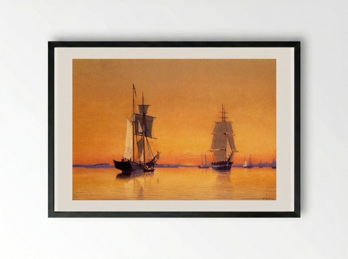 Ships in Boston Harbor at Twilight - William Bradford - Framed Print Black