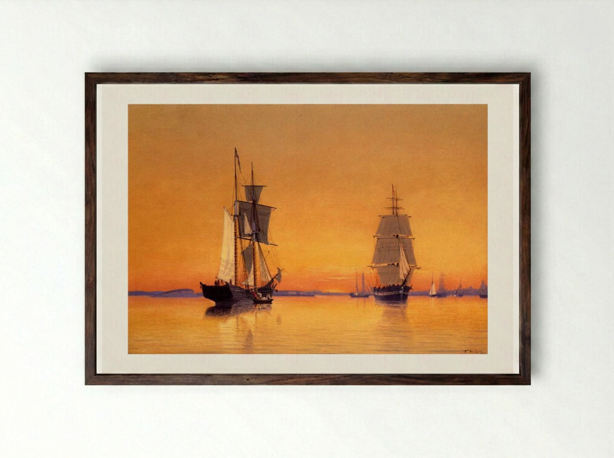 Ships in Boston Harbor at Twilight - William Bradford - Framed Print Dark Wood