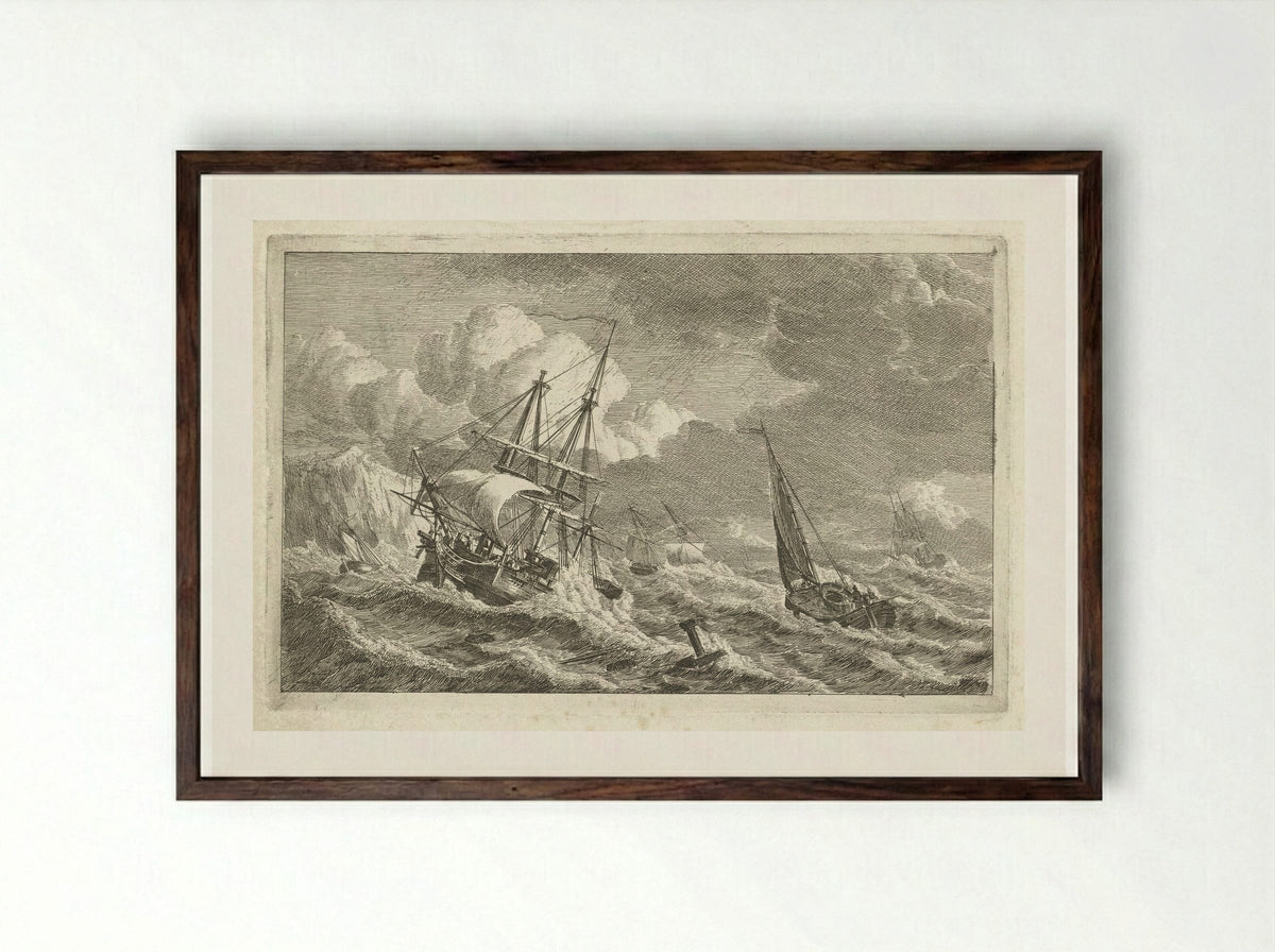 Ships in Distress off a Rocky Coast - Gerrit Groenewegen - Framed Print Dark Wood