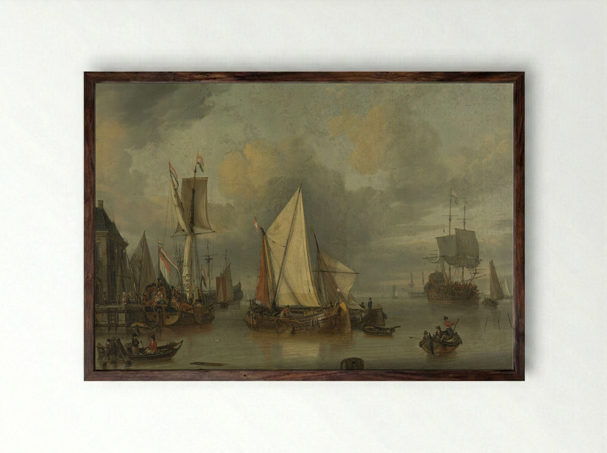 Ships in a Harbour in a Strong Breeze - Jan Claesz. Rietschoof - Framed Print Dark Wood