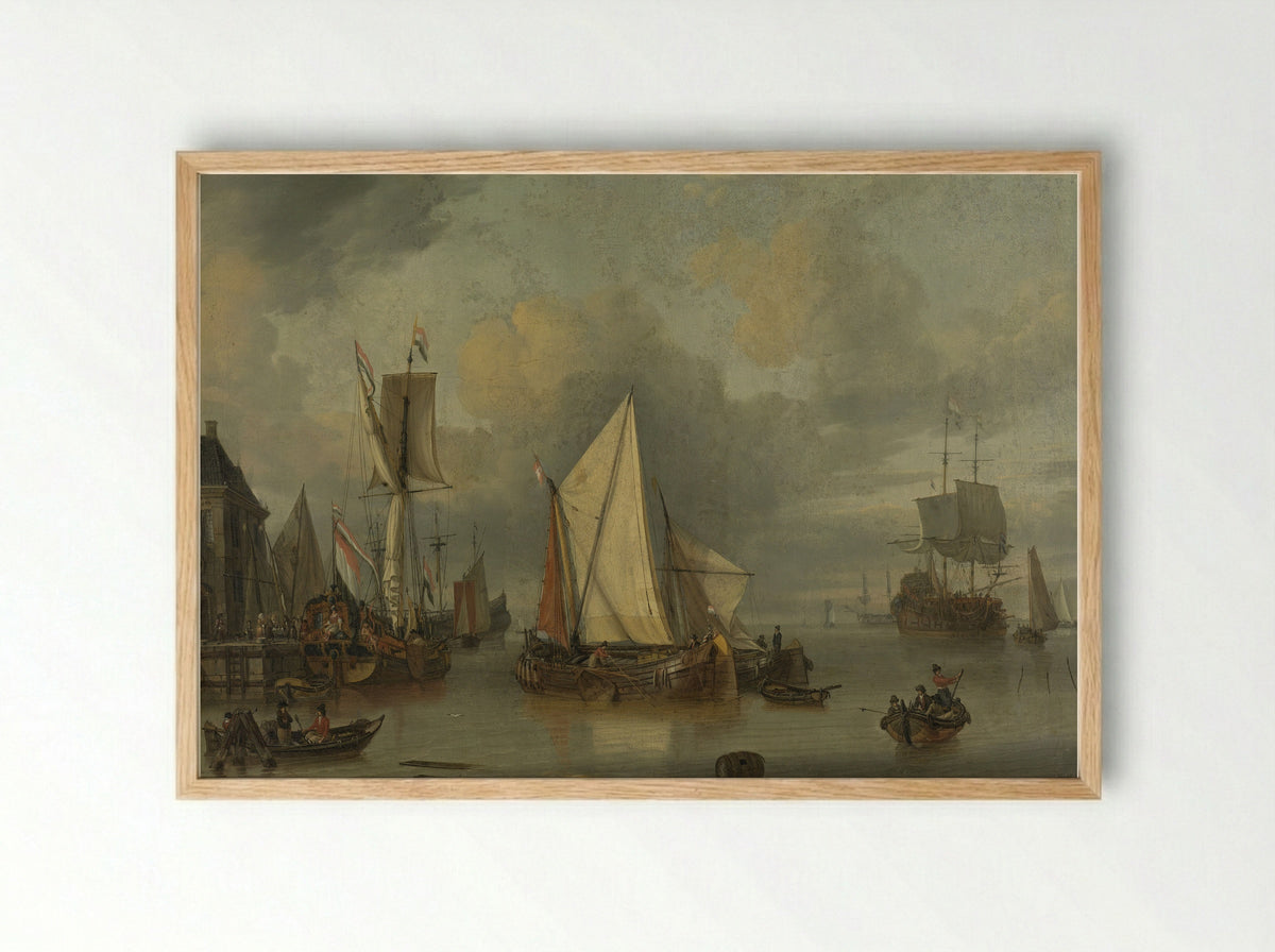 Ships in a Harbour in a Strong Breeze - Jan Claesz. Rietschoof - Framed Print Wood