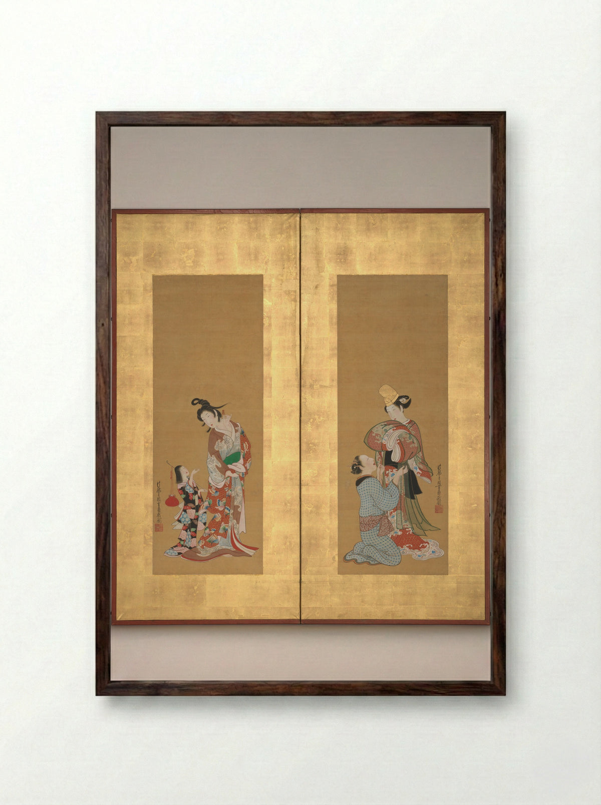 Shirabyōshi Dancer and Female Servant; Courtesan and Girl Attendant - Tsukioka Settei - Framed Print Dark Wood