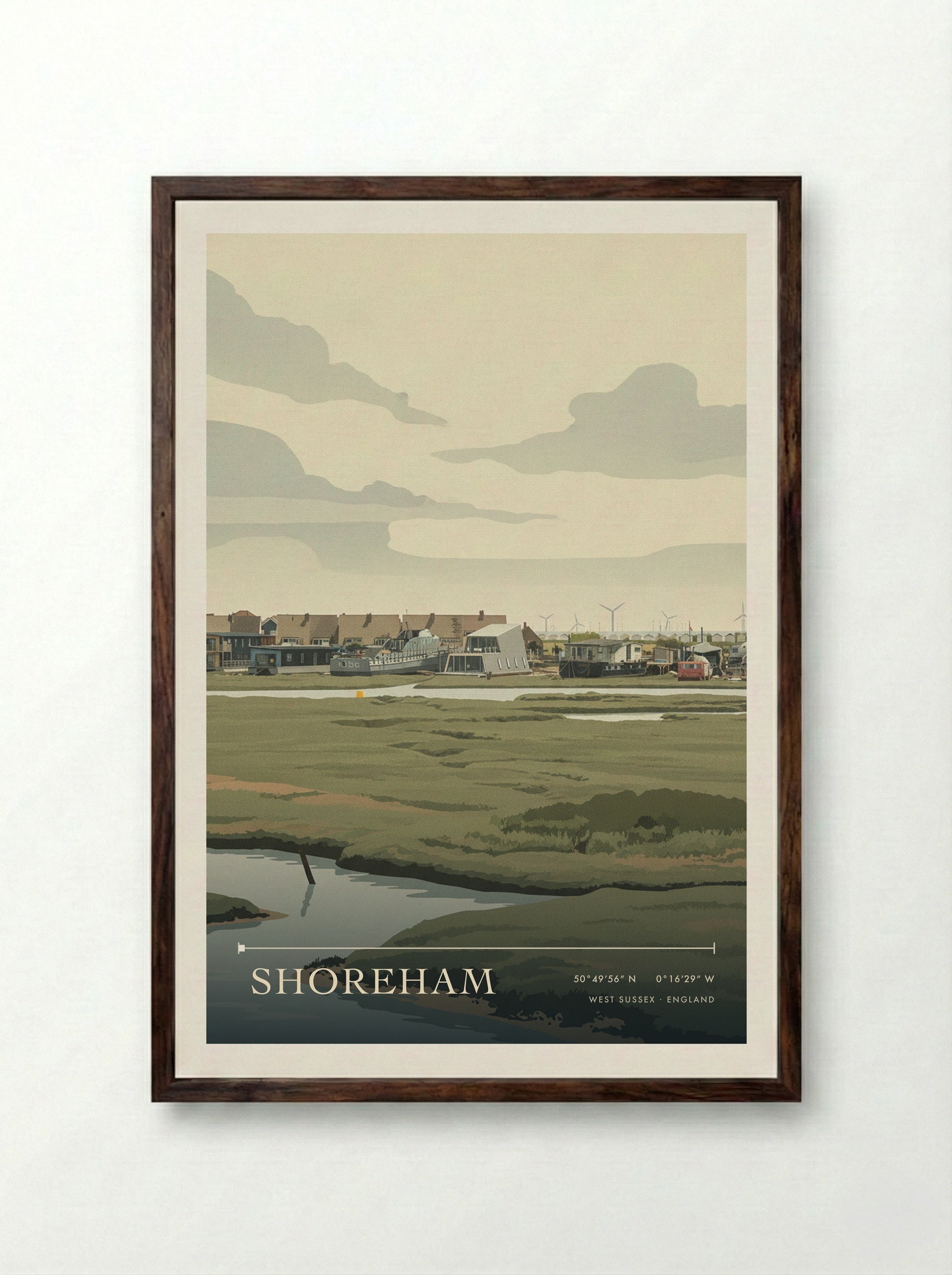 Shoreham West Sussex England Travel Poster - Framed Print Dark Wood