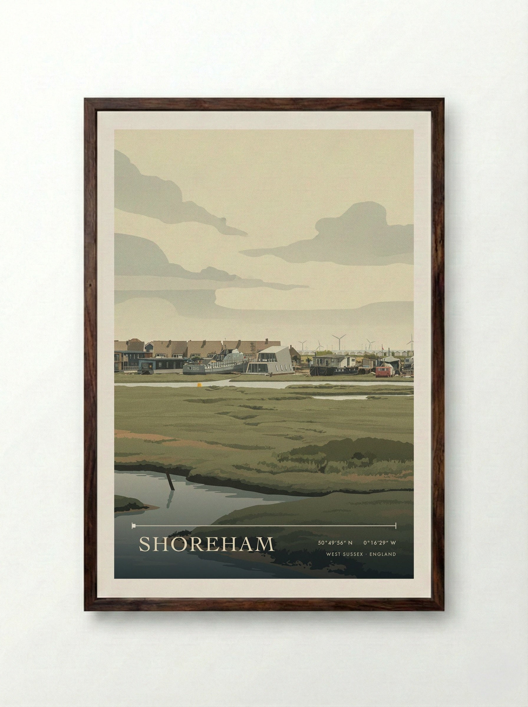 Shoreham West Sussex England Travel Poster - Framed Print Dark Wood