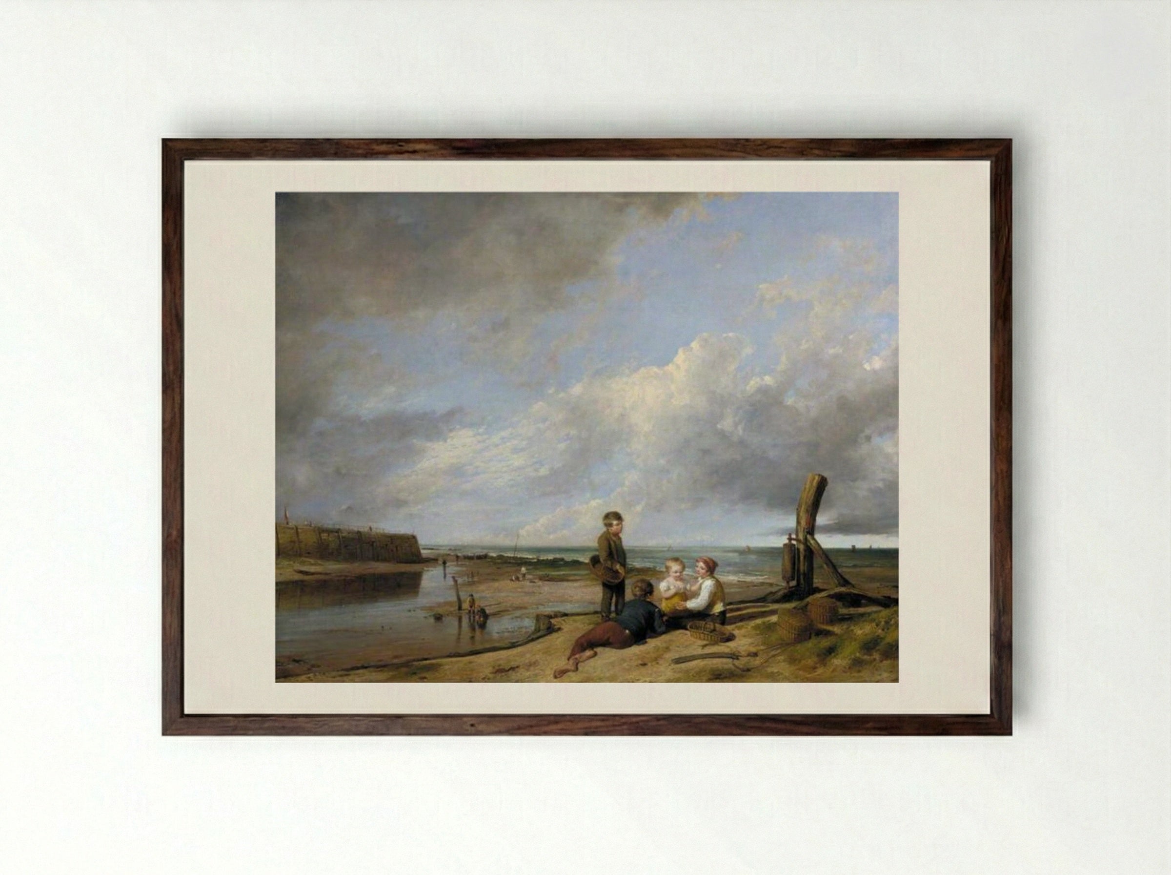 Shrimp Boys at Cromer, Norfolk - William Collins - Framed Print Dark Wood