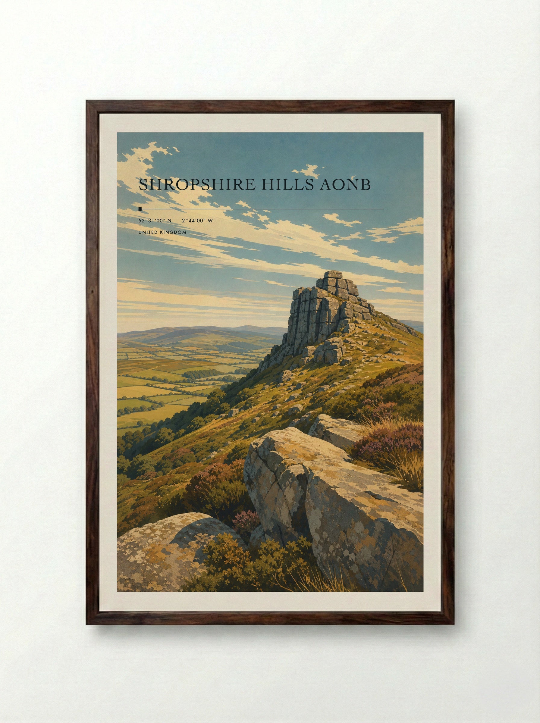 Shropshire Hills AONB United Kingdom Travel Poster - Framed Print Dark Wood