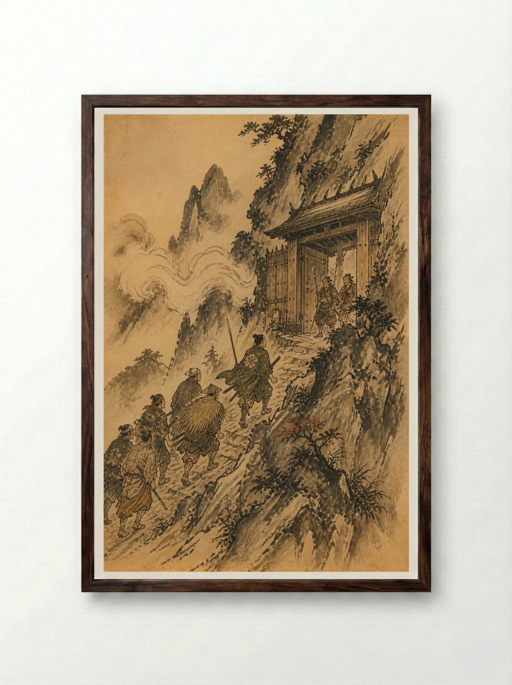 Shuten-doji at Mount Oe: At the Gate - Framed Print Dark Wood