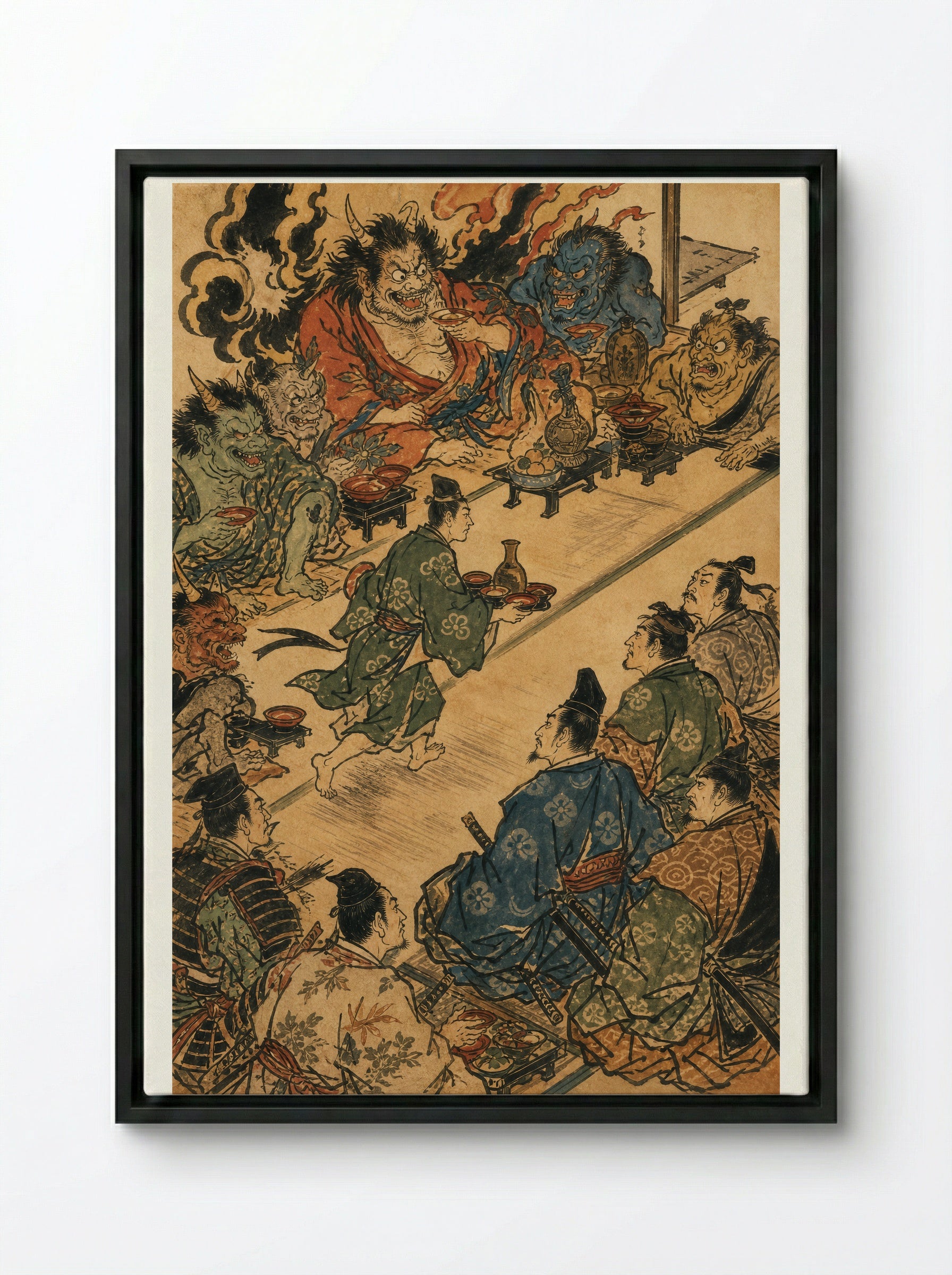 Shuten-doji at Mount Oe: The Demon's Banquet - Framed Canvas Black